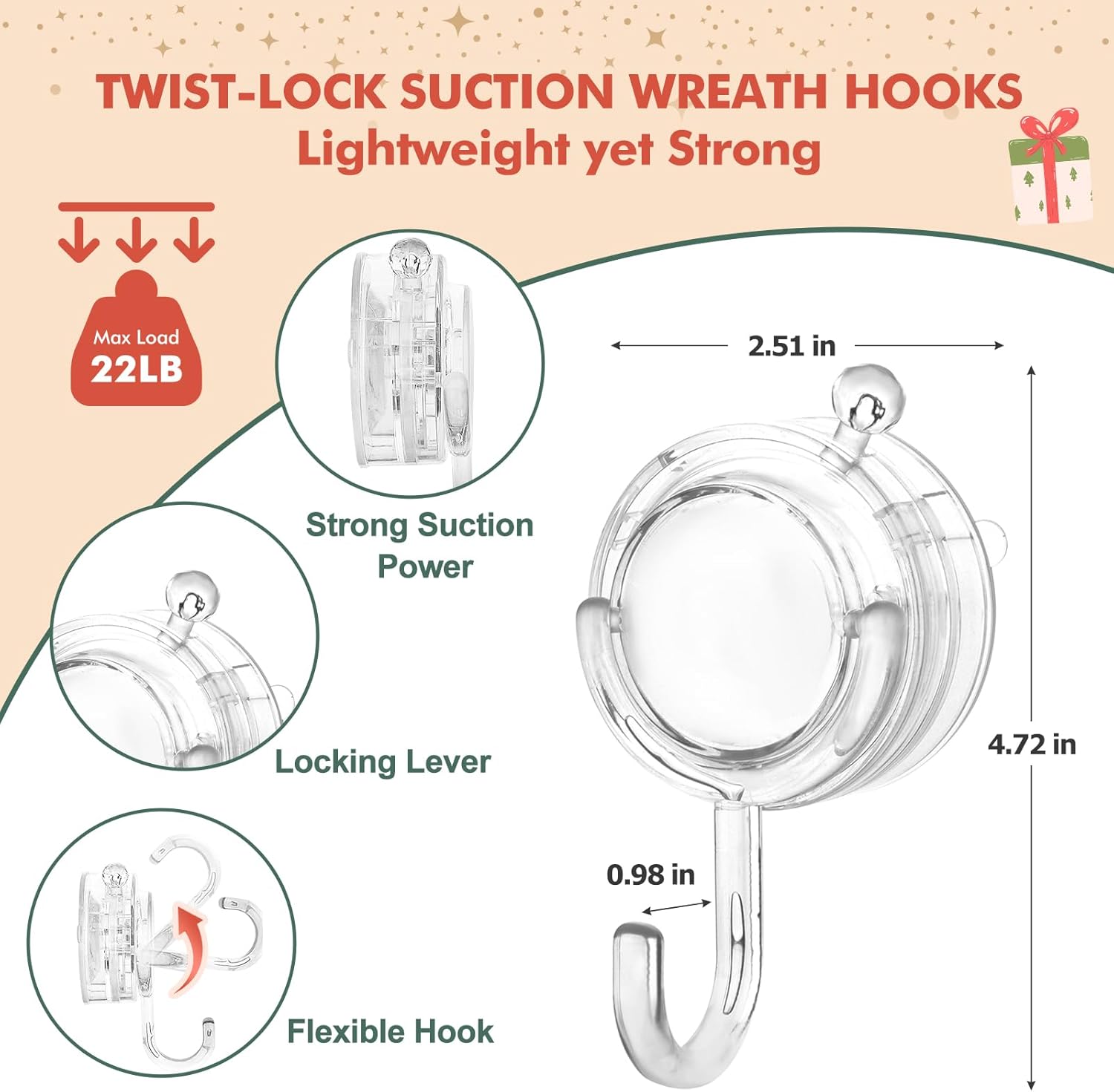 Wreath Hanger, Large Twist Lock Suction Cup Wreath Hooks, Heavy Duty, 22 LB Capacity, Removable and Reusable, Round, Clear, 2 Pcs - Image 4