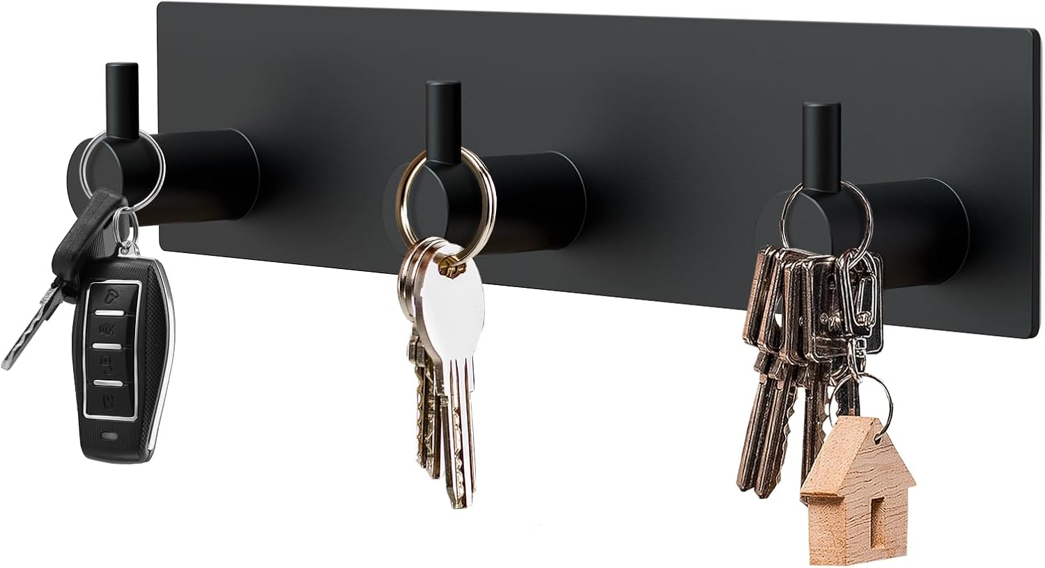 Magnetic Key Holder Wall Mount, Metal Adhesive Key Hanger with 3 Hooks, No Drilling, 2 Mount Options, Black, Small - Image 1
