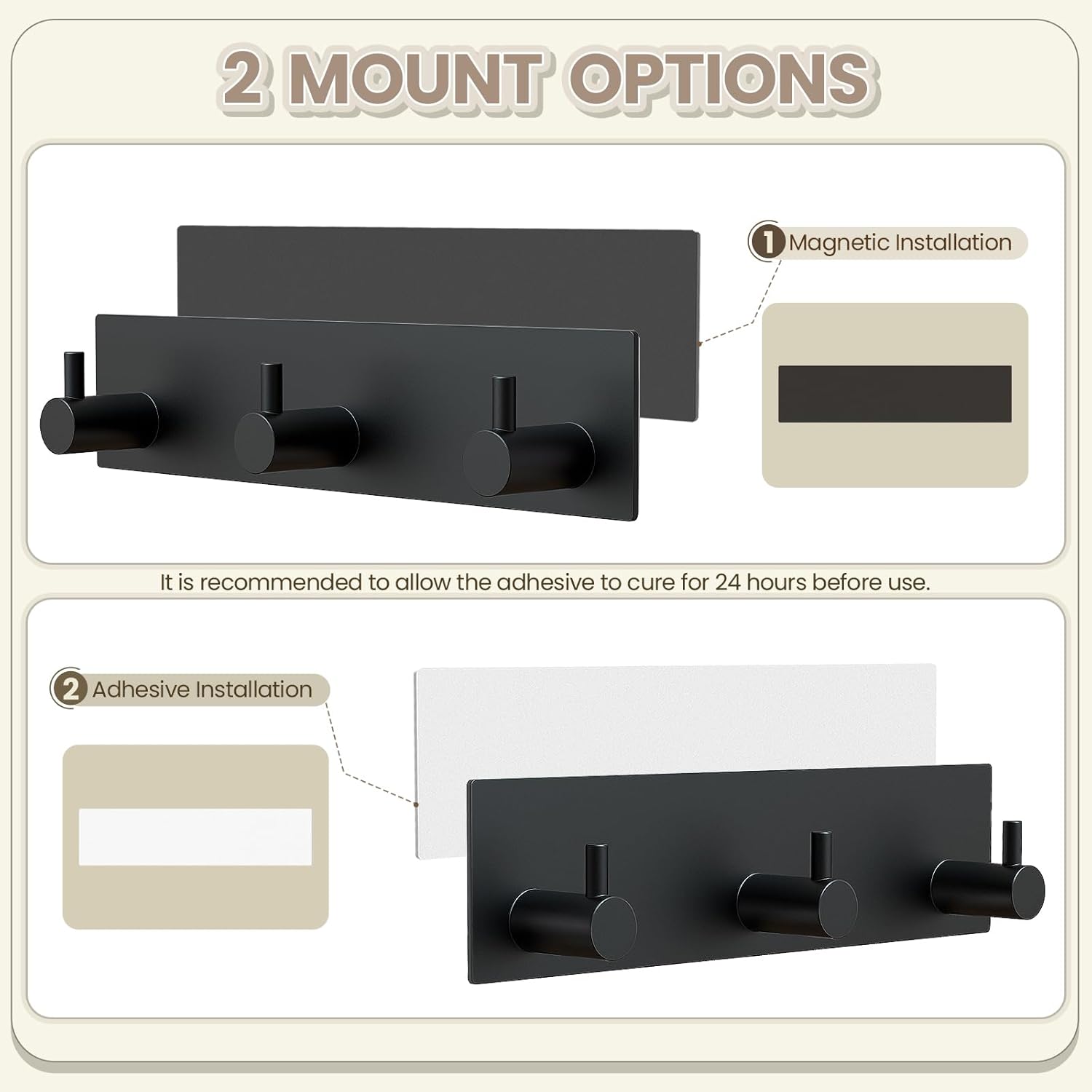 Magnetic Key Holder Wall Mount, Metal Adhesive Key Hanger with 3 Hooks, No Drilling, 2 Mount Options, Black, Small - Image 2