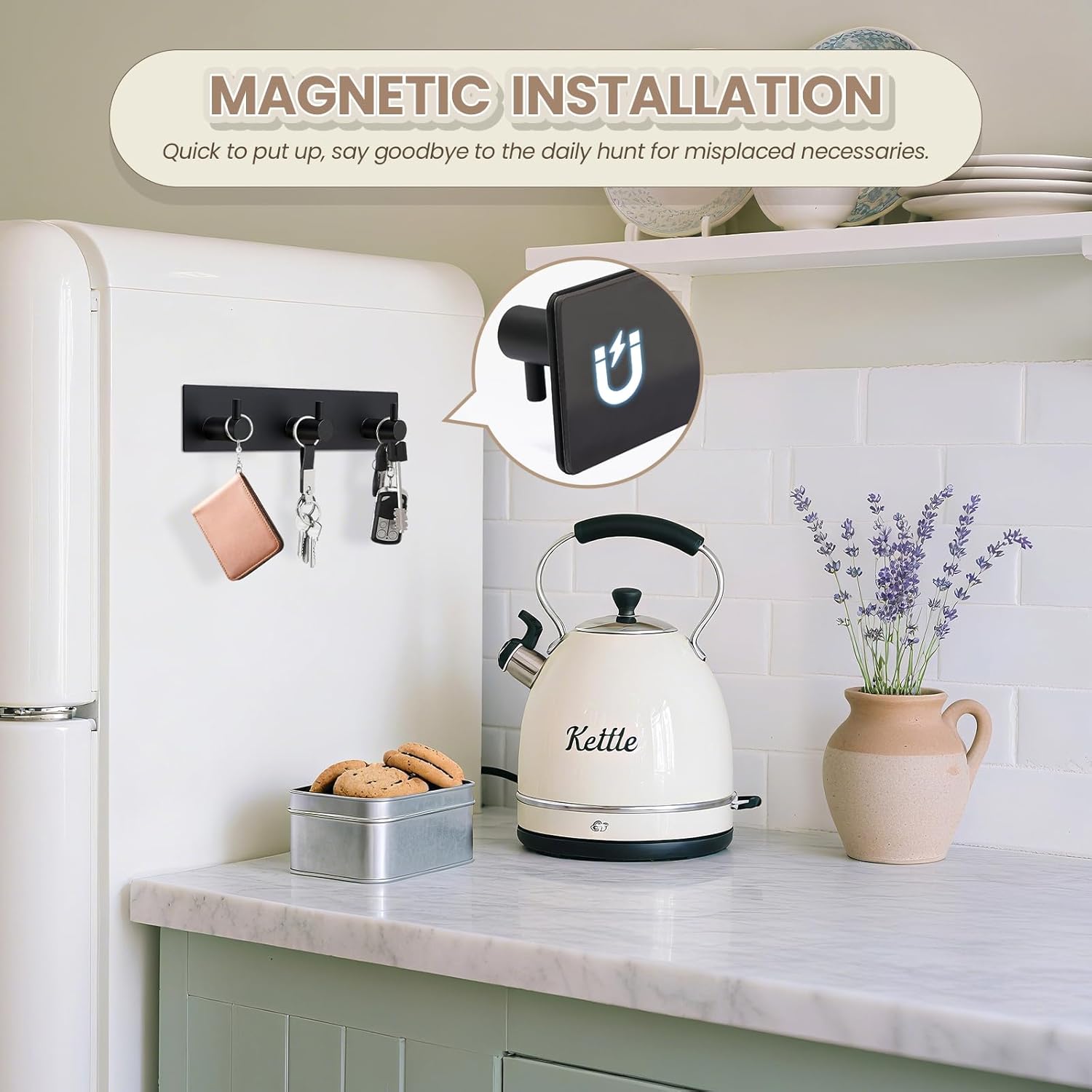 Magnetic Key Holder Wall Mount, Metal Adhesive Key Hanger with 3 Hooks, No Drilling, 2 Mount Options, Black, Small - Image 3