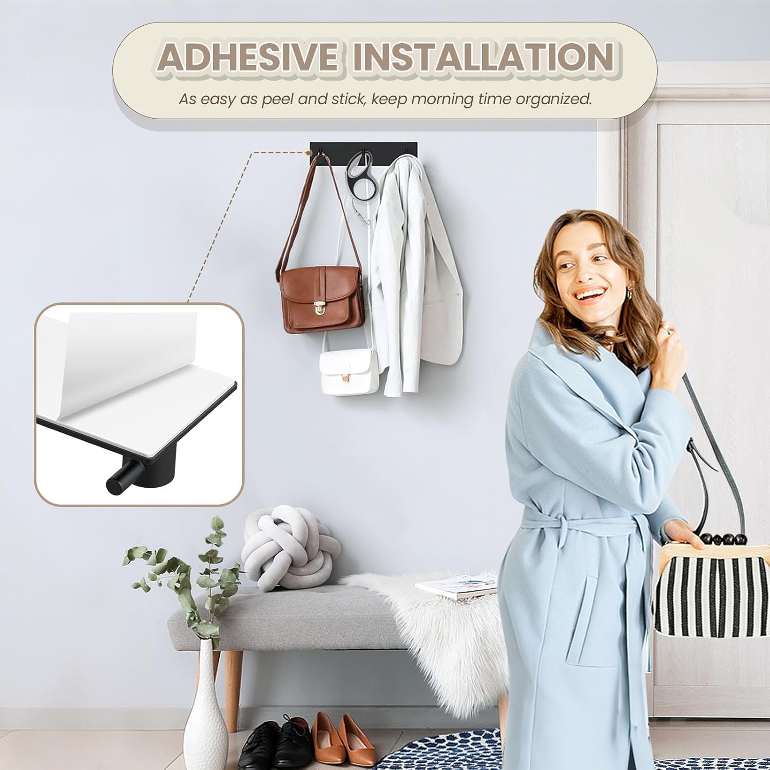 Magnetic Key Holder Wall Mount, Metal Adhesive Key Hanger with 3 Hooks, No Drilling, 2 Mount Options, Black, Small - Image 4
