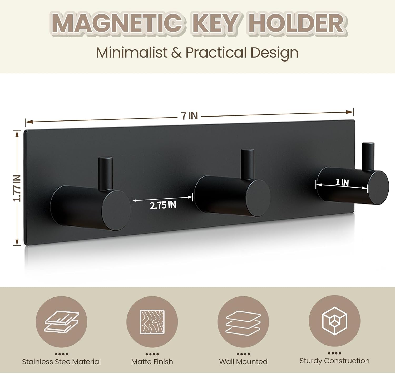 Magnetic Key Holder Wall Mount, Metal Adhesive Key Hanger with 3 Hooks, No Drilling, 2 Mount Options, Black, Small - Image 5