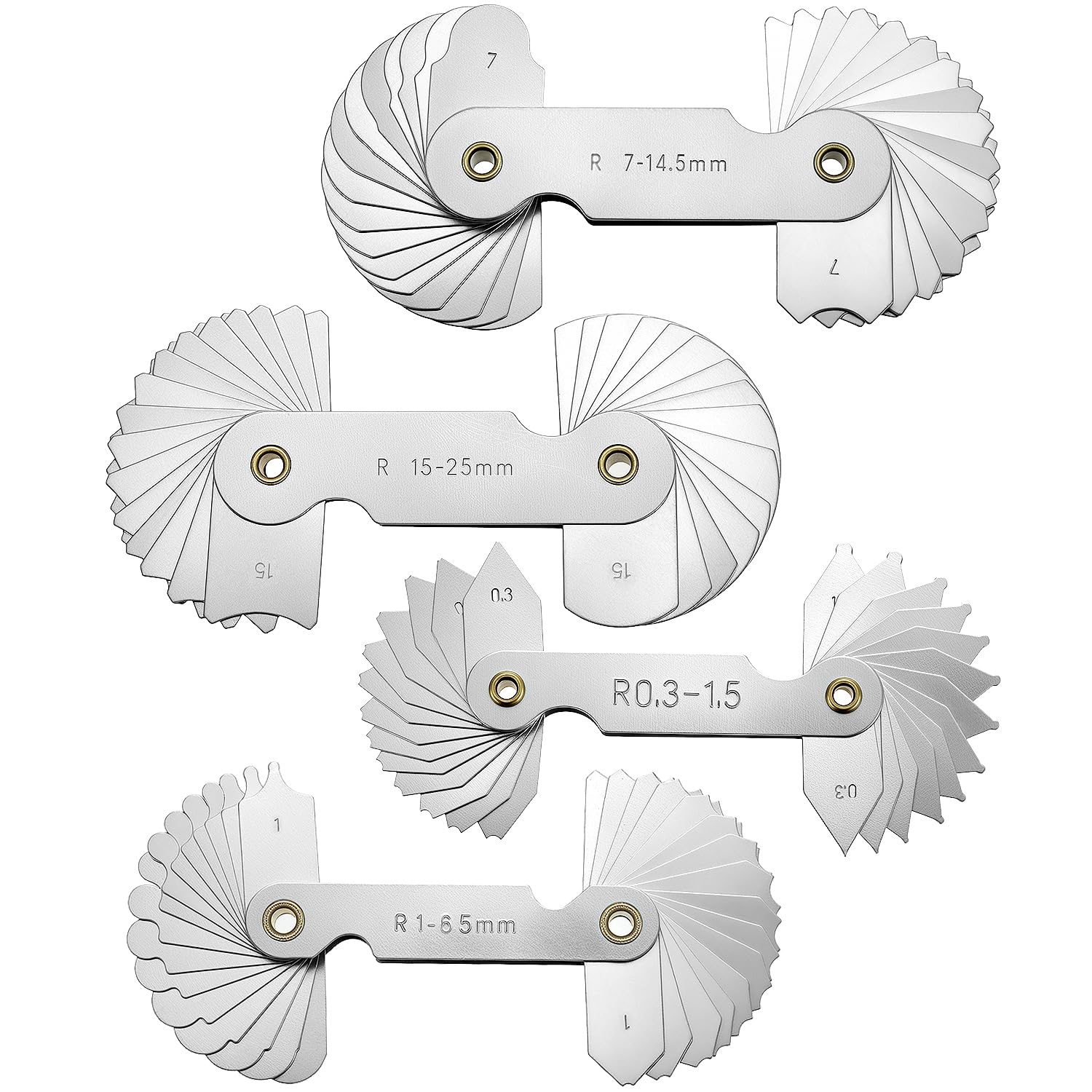 4 Pack Radius Gauge Set, Precision Stainless Steel Measurement Tool for Convex & Concave Surfaces, R0.3-1.5mm/ R1-6.5mm/ R7-14.5mm/ R15-25mm - Image 1