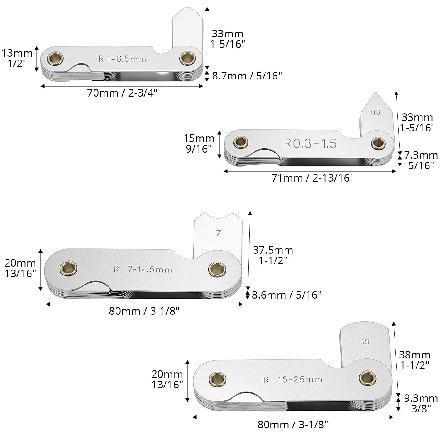 4 Pack Radius Gauge Set, Precision Stainless Steel Measurement Tool for Convex & Concave Surfaces, R0.3-1.5mm/ R1-6.5mm/ R7-14.5mm/ R15-25mm - Image 6