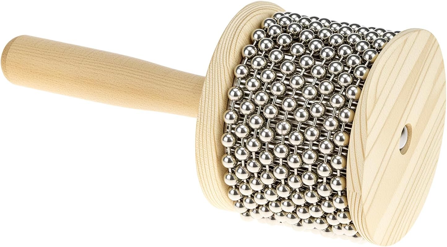 Wooden Cabasa Percussion Musical Instrument, 3.5 Inch Stainless Steel Beaded Shaker with Wooden Handle, Professional Rhythm Maker, 3.54