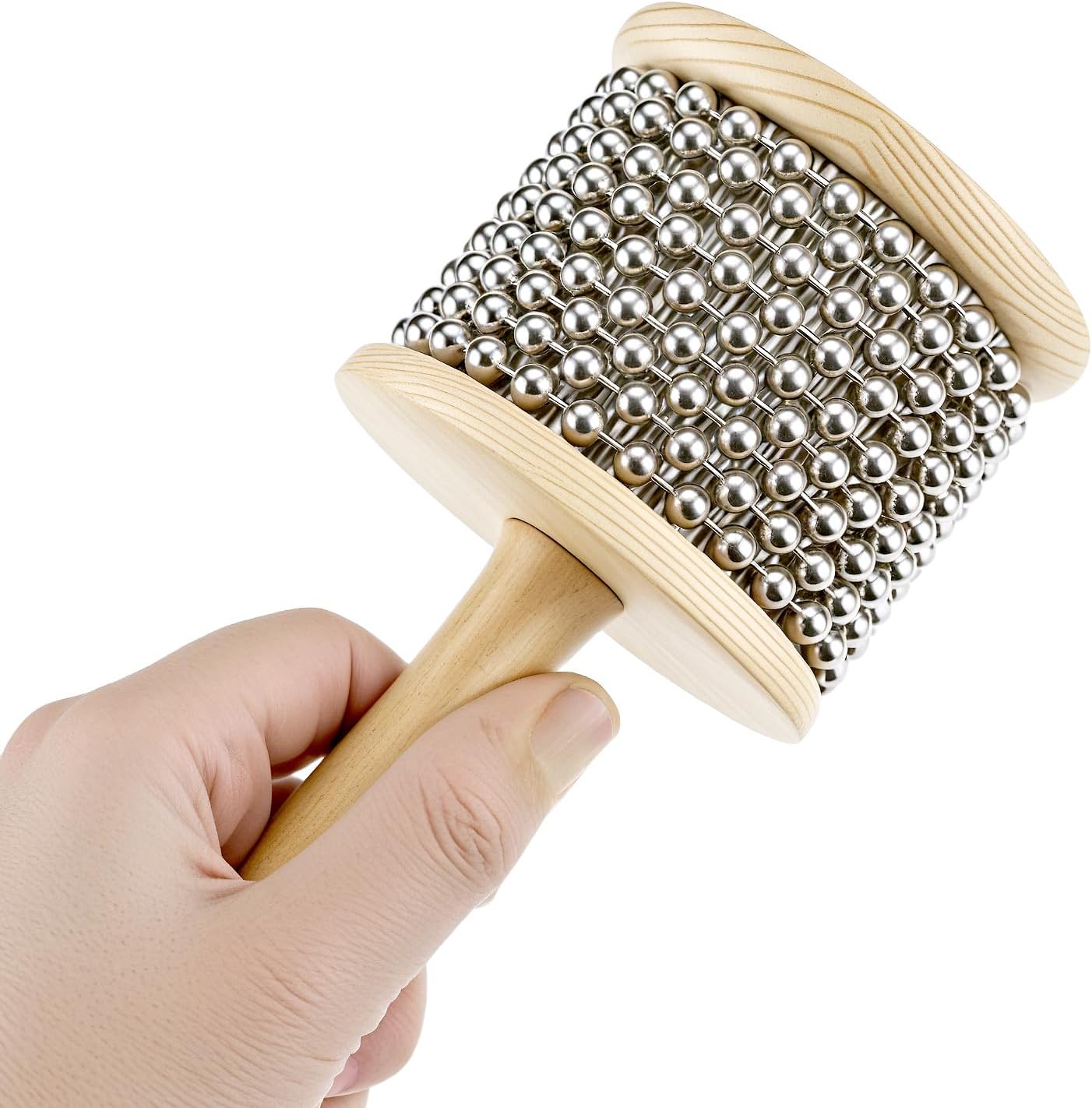 Wooden Cabasa Percussion Musical Instrument, 3.5 Inch Stainless Steel Beaded Shaker with Wooden Handle, Professional Rhythm Maker, 3.54
