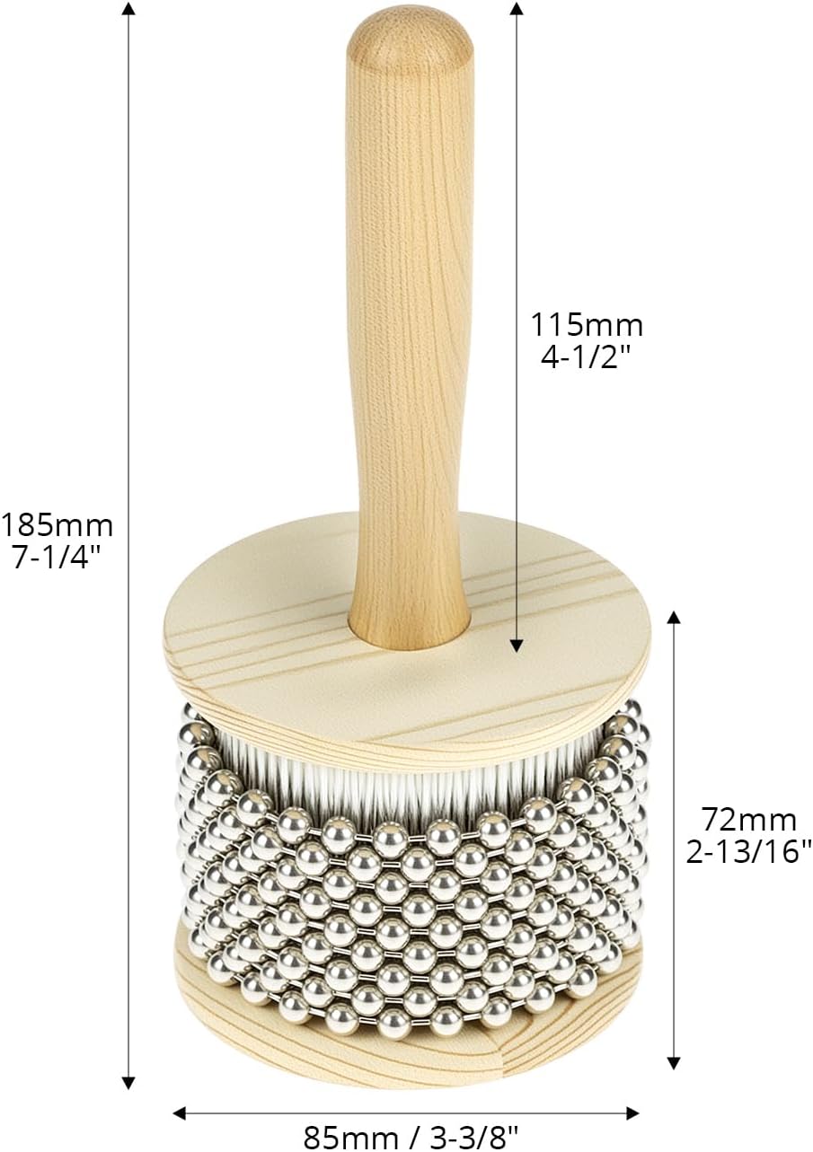 Wooden Cabasa Percussion Musical Instrument, 3.5 Inch Stainless Steel Beaded Shaker with Wooden Handle, Professional Rhythm Maker, 3.54