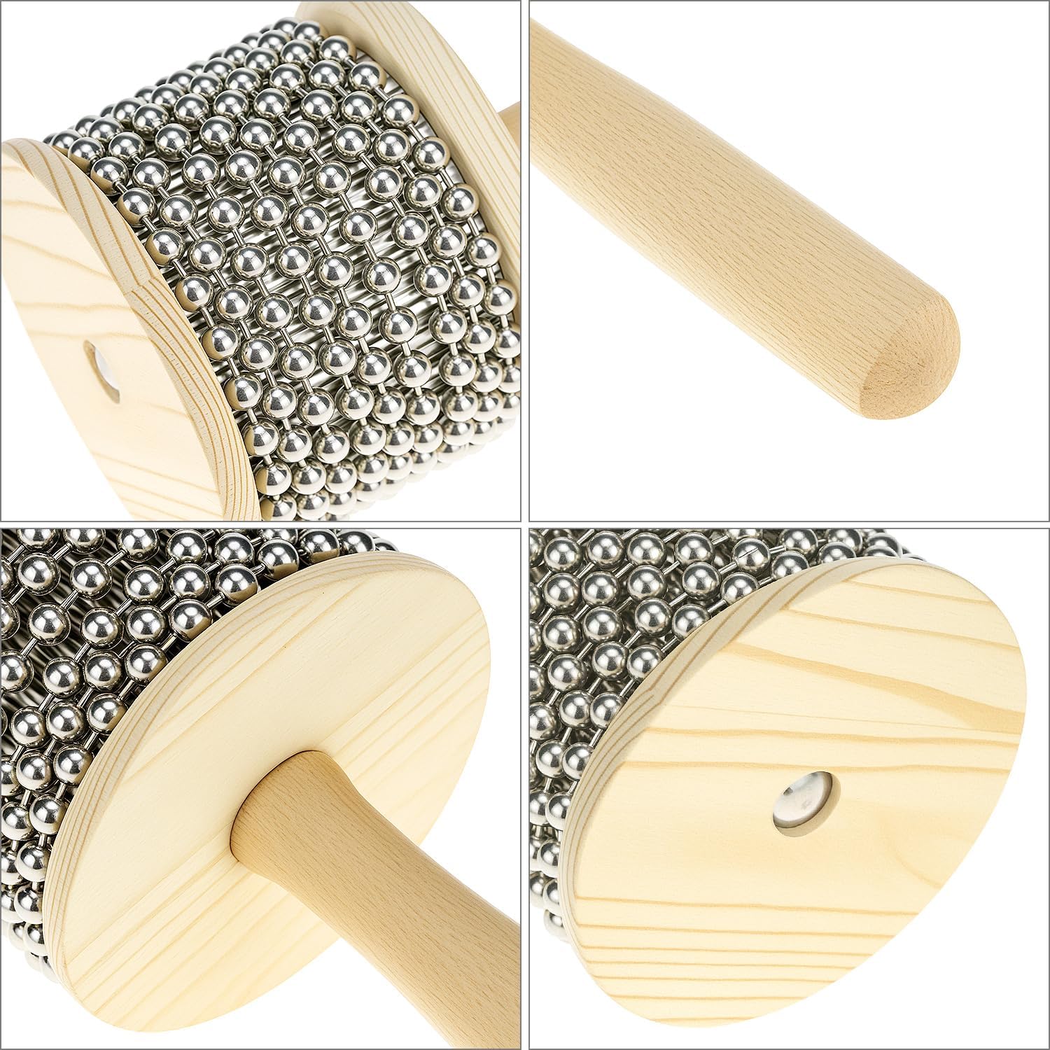 Wooden Cabasa Percussion Musical Instrument, 3.5 Inch Stainless Steel Beaded Shaker with Wooden Handle, Professional Rhythm Maker, 3.54