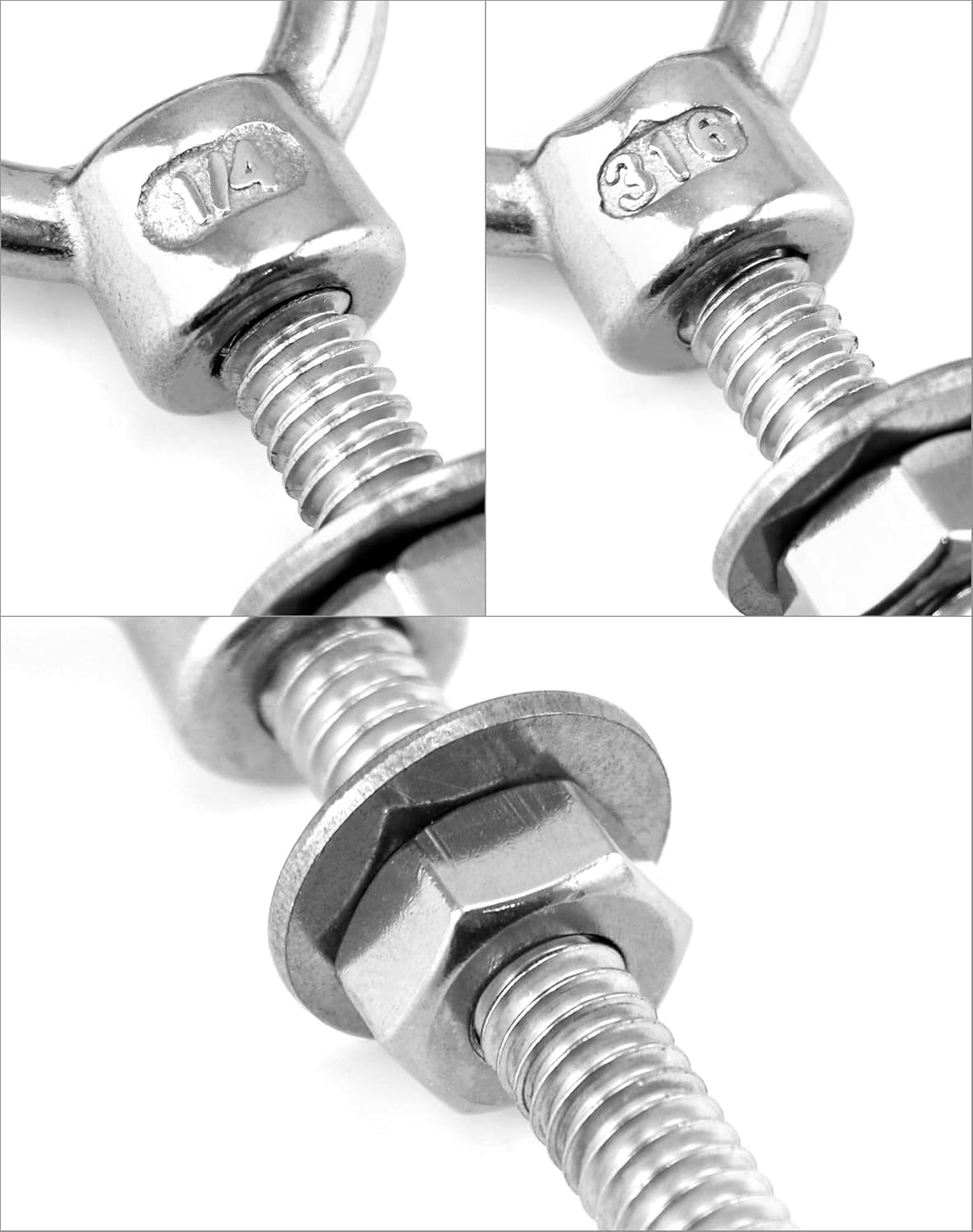 Shoulder Eye Bolts, 10 Pack 316 Stainless Steel Shoulder Threaded Eyebolts- 1/4