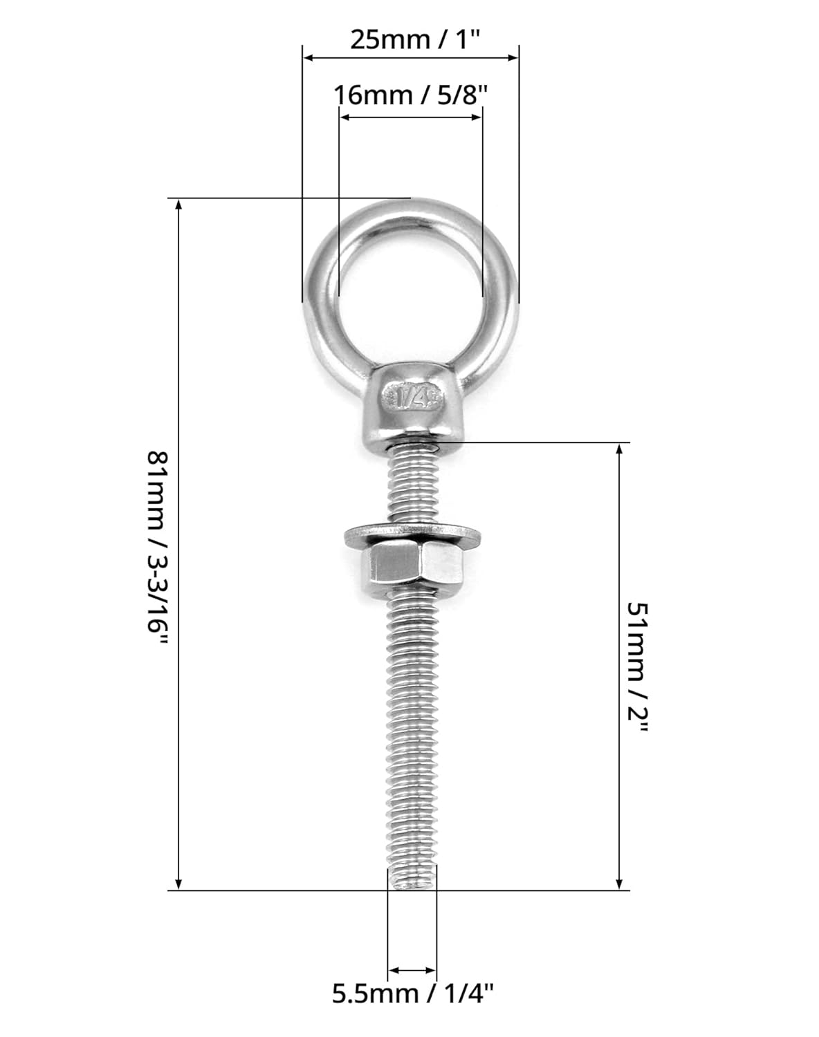 Shoulder Eye Bolts, 10 Pack 316 Stainless Steel Shoulder Threaded Eyebolts- 1/4