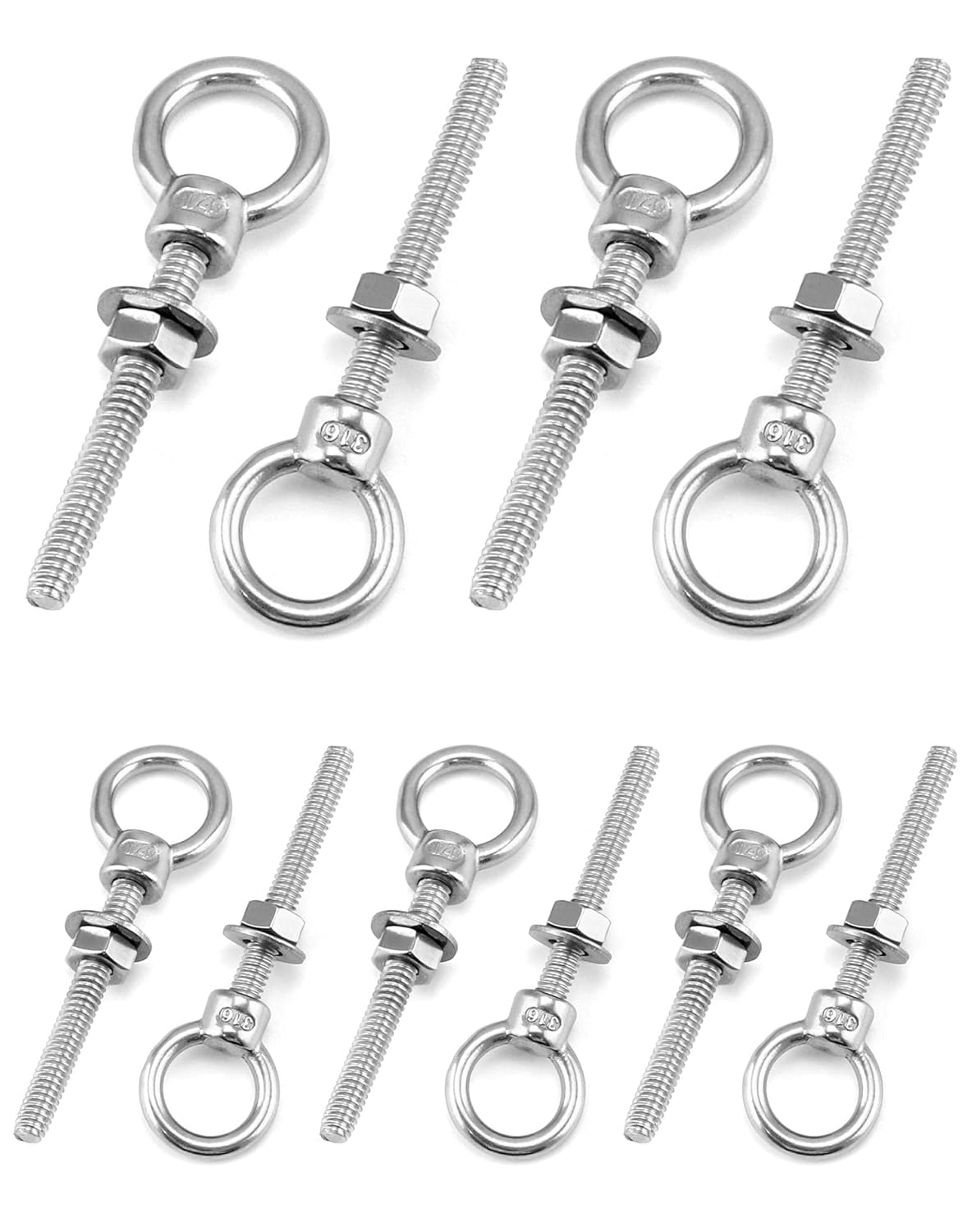 Shoulder Eye Bolts, 10 Pack 316 Stainless Steel Shoulder Threaded Eyebolts- 1/4