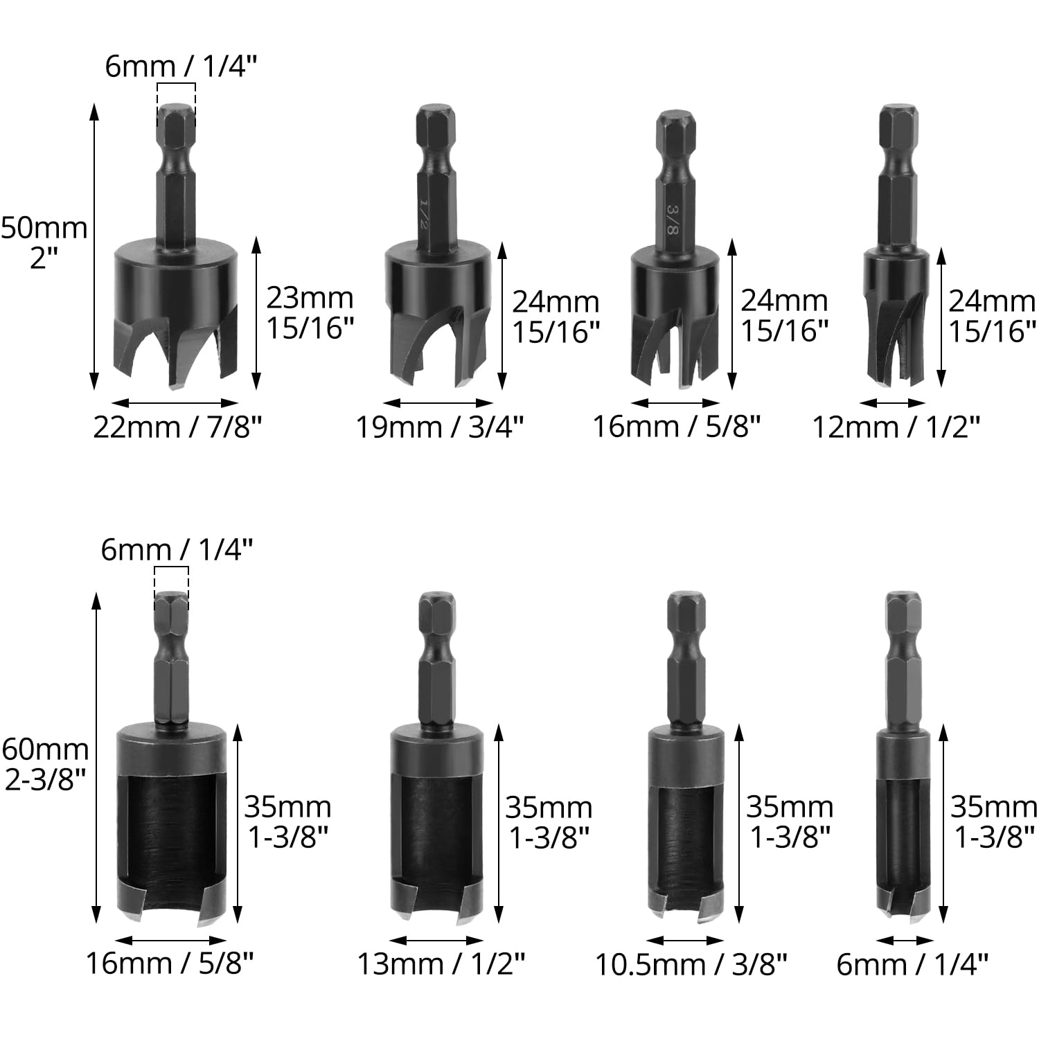 Wood Plug Cutter Drill Bit Set, 8Pcs, Includes 1/4