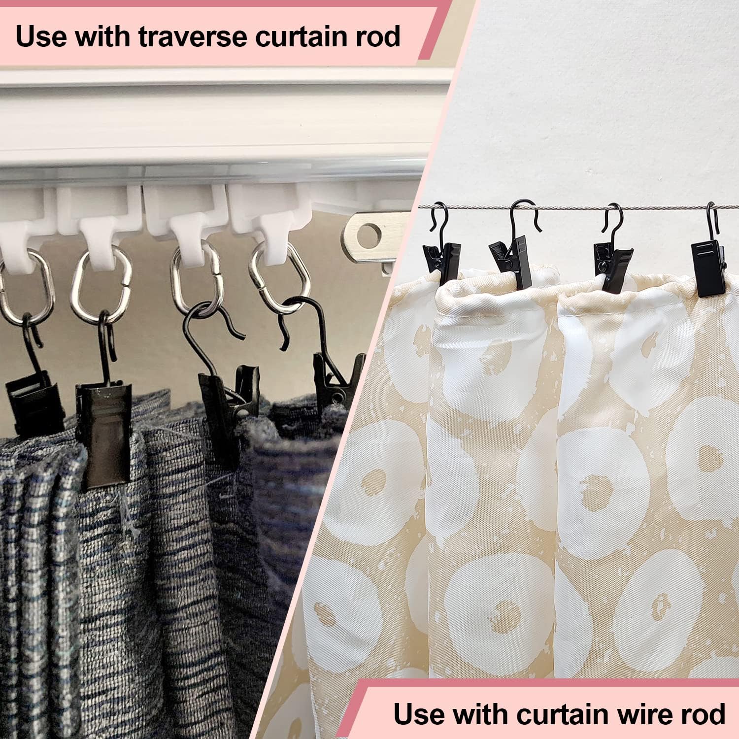 Small Curtain Clips for Hanging - 60 Pack Black Outdoor Light Clips Hooks for Christmas String Lights, Outside Hangers for Awning Patio Metal Proof, Drape Track - Image 2