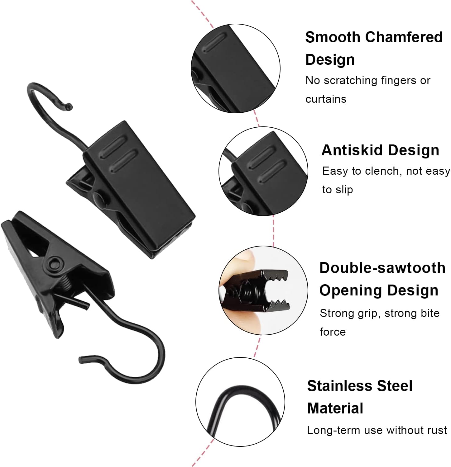 Small Curtain Clips for Hanging - 60 Pack Black Outdoor Light Clips Hooks for Christmas String Lights, Outside Hangers for Awning Patio Metal Proof, Drape Track - Image 7