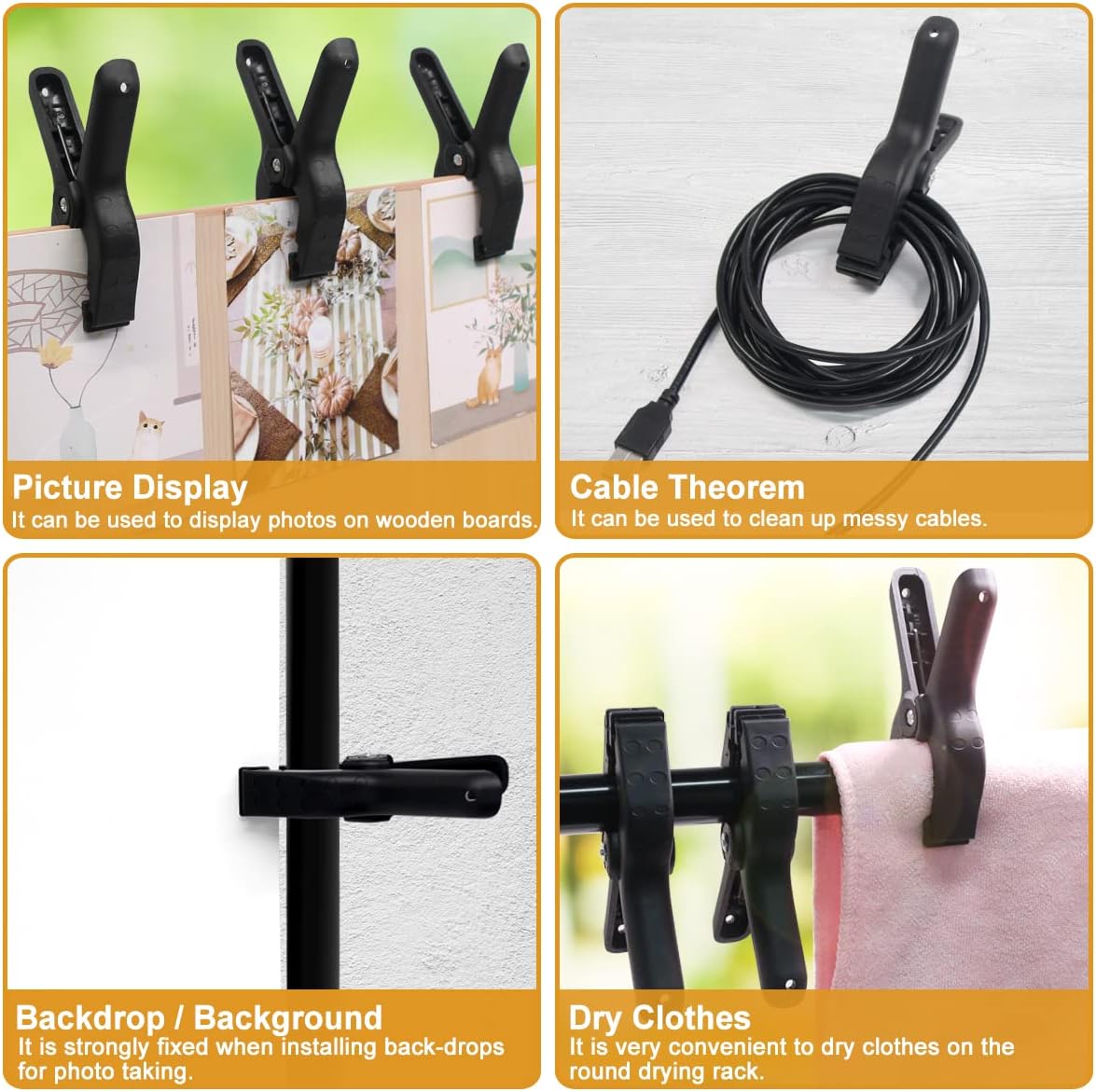 Black Plastic Spring Clamps, 8 Pack 4.5 Inch Large Nylon Spring Clips Heavy Duty Clamp with Metal Pins for Backdrop Art Crafts Woodworking Background - Image 3