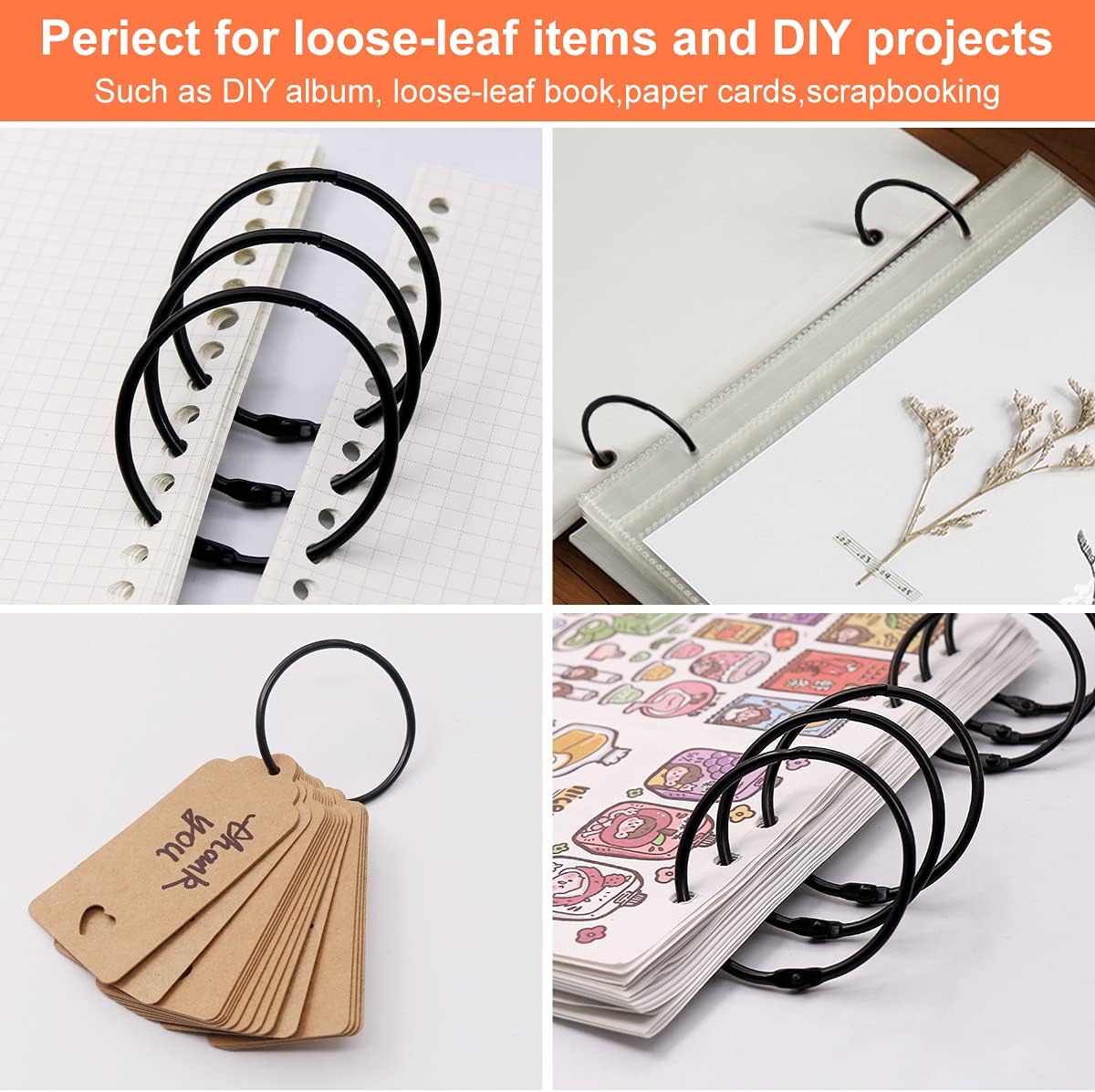 Loose Leaf Binder Book Rings -  36 Pcs 2 Inch Large Metal O Ring Binding Rings for Index Card, School Notecards, Office (Black) - Image 4