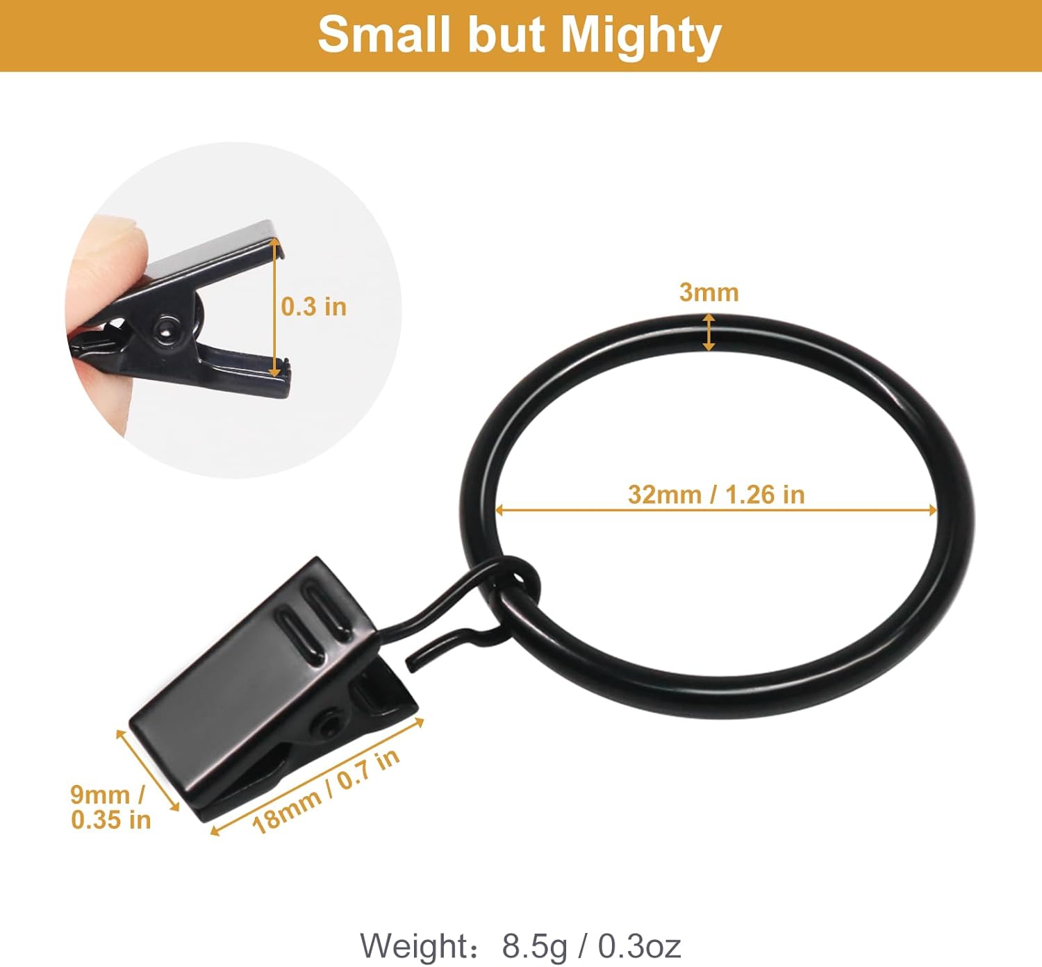 Curtain Rings with Clips Black - 40 Pcs Metal Drapery Clip Ring 1.26 in Interior Diameter, Fits up to 1 in Curtain Rod - Image 7