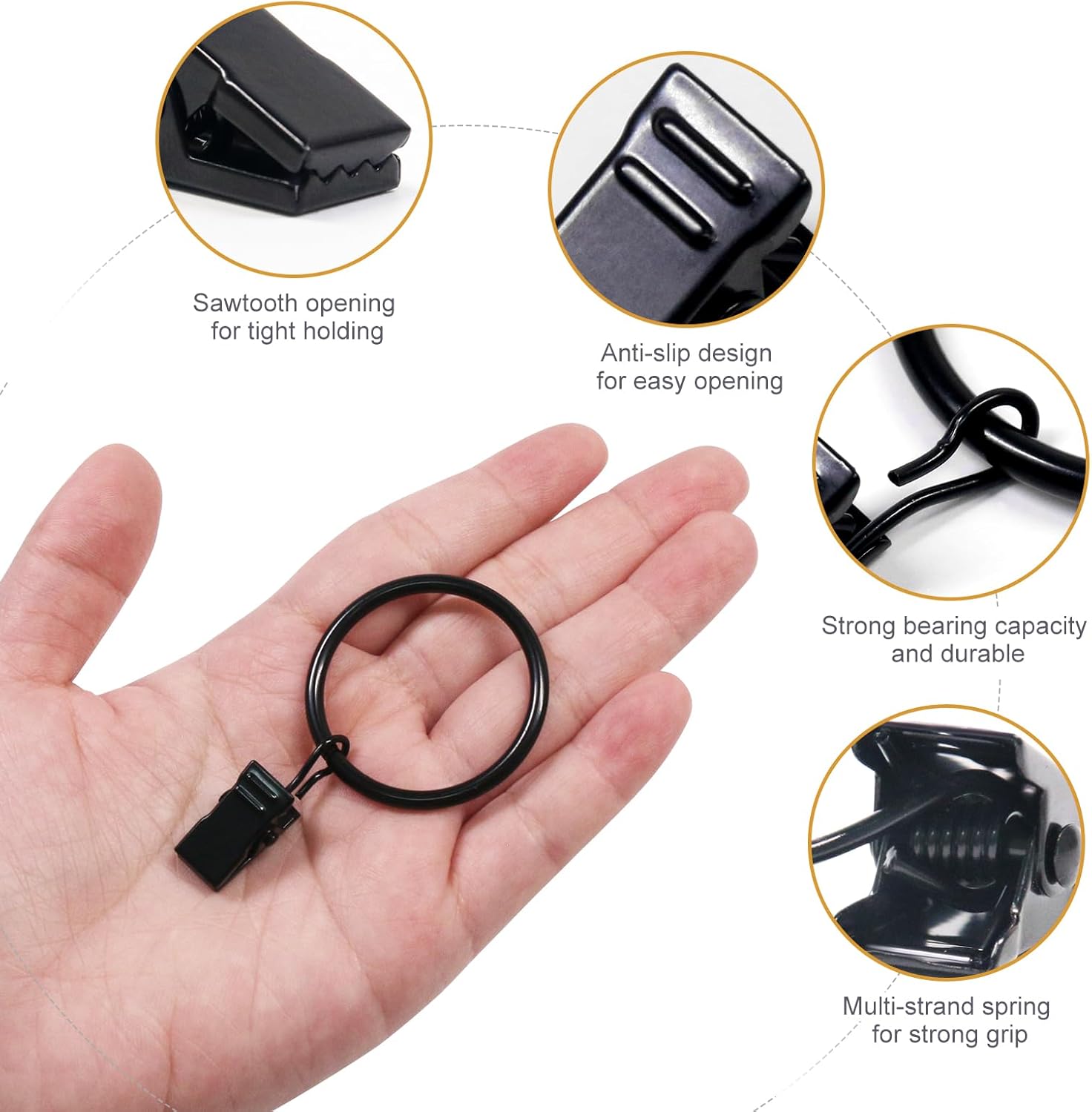 Curtain Rings with Clips Black - 40 Pcs Metal Drapery Clip Ring 1.26 in Interior Diameter, Fits up to 1 in Curtain Rod - Image 8