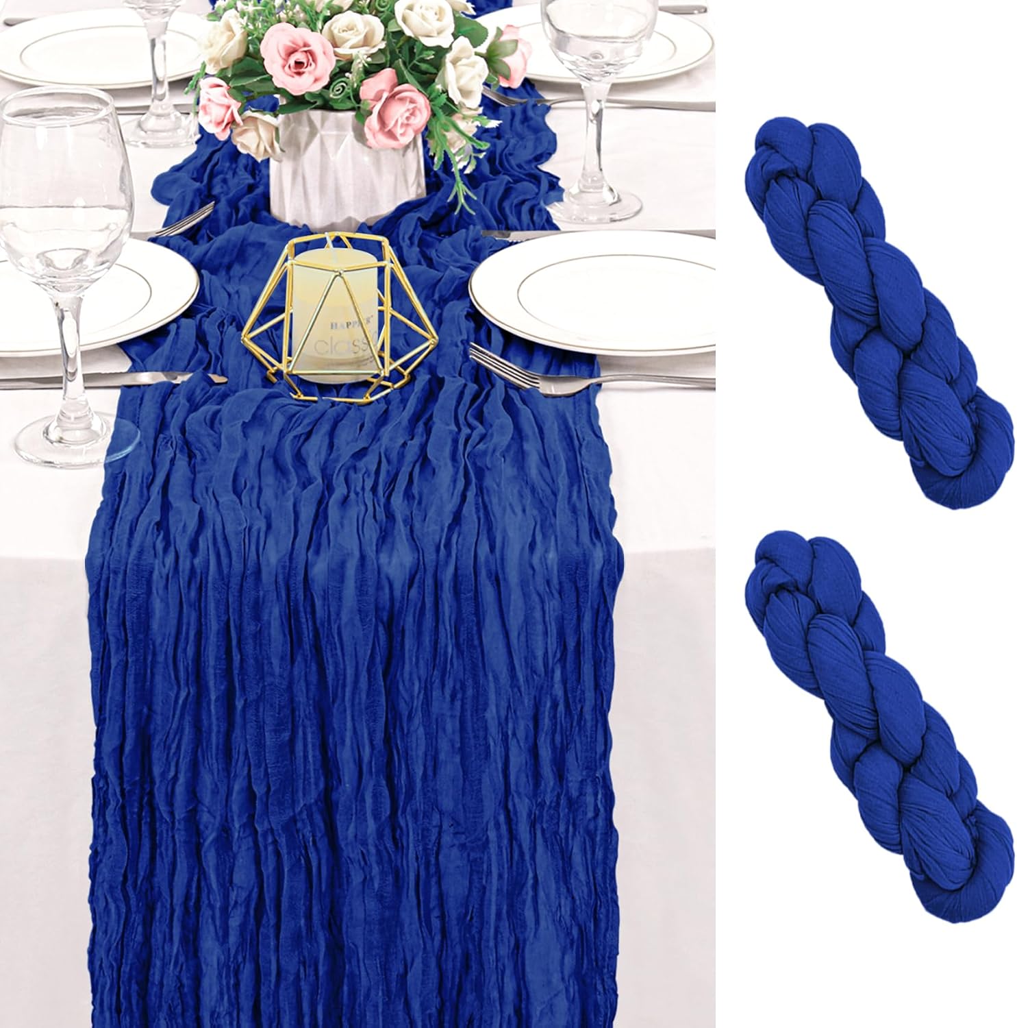2 Pack 120 Inch Royal Blue Cheesecloth Table Runner Boho Rustic Gauze Sheer Romantic 10 FT Long Cheese Cloth Table Runner for Bridal Baby Shower Wedding Party Birthday Holiday Home Easter Decor - Image 1