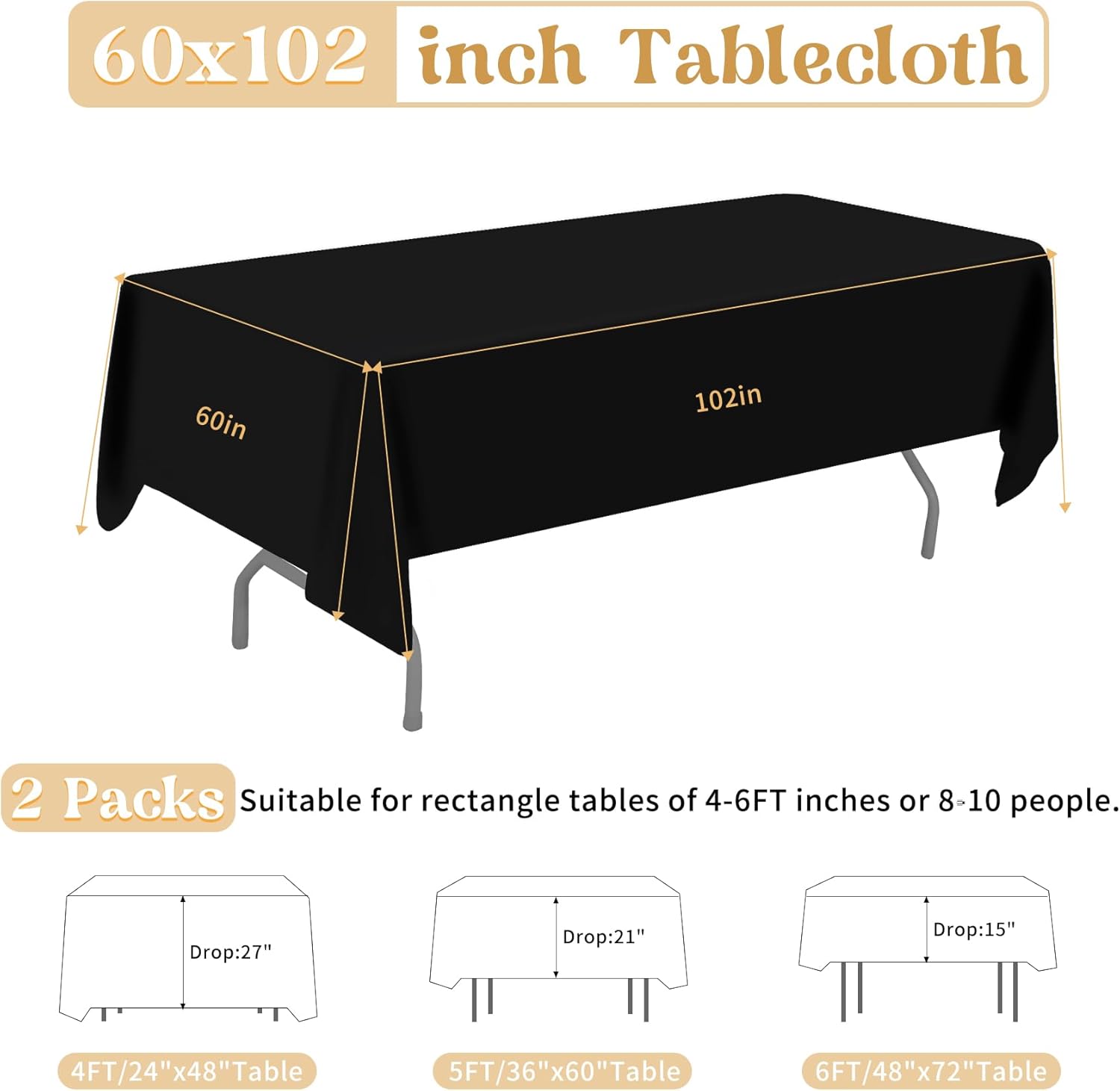 2 Pack 60 x 102 Inch Black Rectangle Tablecloth for 6 Foot Table Washable Reusable Outdoor Polyester Fabric Decorative Table Cover for Dining, Buffet, Camping, Baby Shower, Party - Image 3