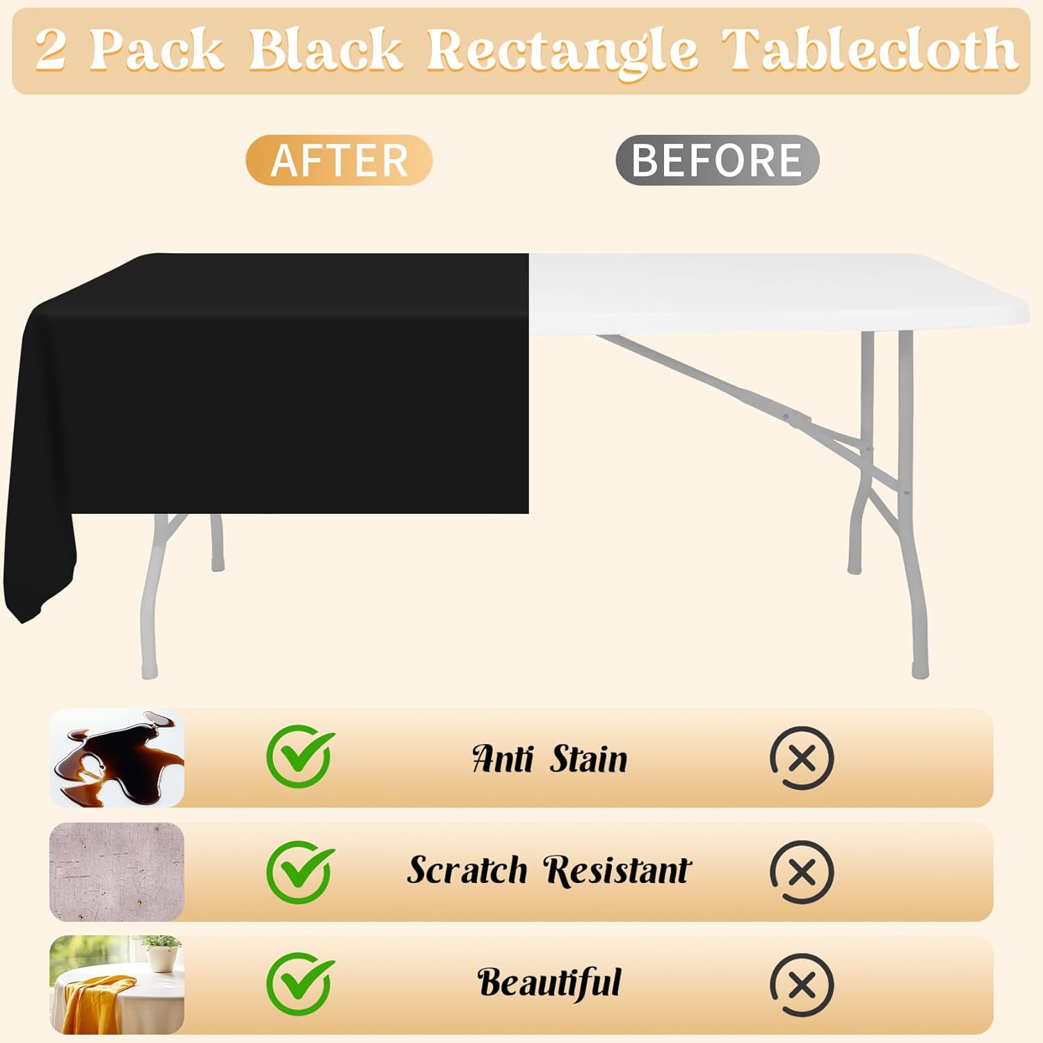 2 Pack 60 x 102 Inch Black Rectangle Tablecloth for 6 Foot Table Washable Reusable Outdoor Polyester Fabric Decorative Table Cover for Dining, Buffet, Camping, Baby Shower, Party - Image 5
