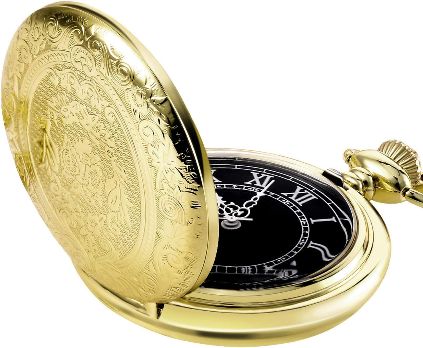 Men's Quartz Pocket Watch with Black Dial and Chain - Image 1