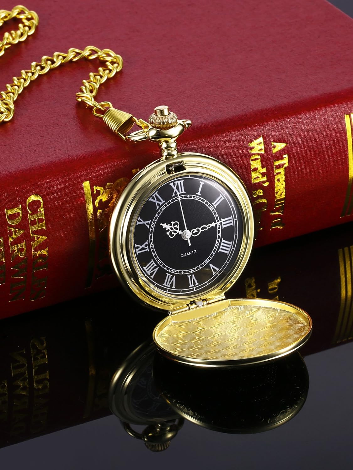 Men's Quartz Pocket Watch with Black Dial and Chain - Image 2