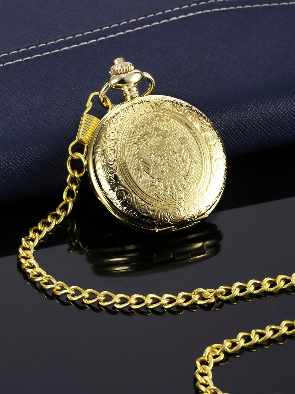 Men's Quartz Pocket Watch with Black Dial and Chain - Image 3