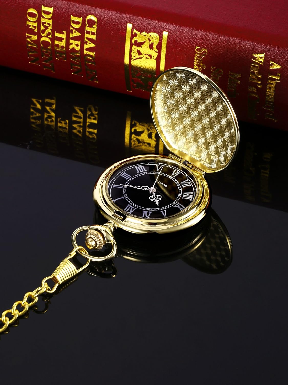 Men's Quartz Pocket Watch with Black Dial and Chain - Image 4