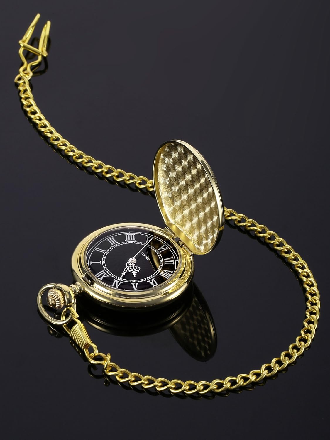 Men's Quartz Pocket Watch with Black Dial and Chain - Image 6