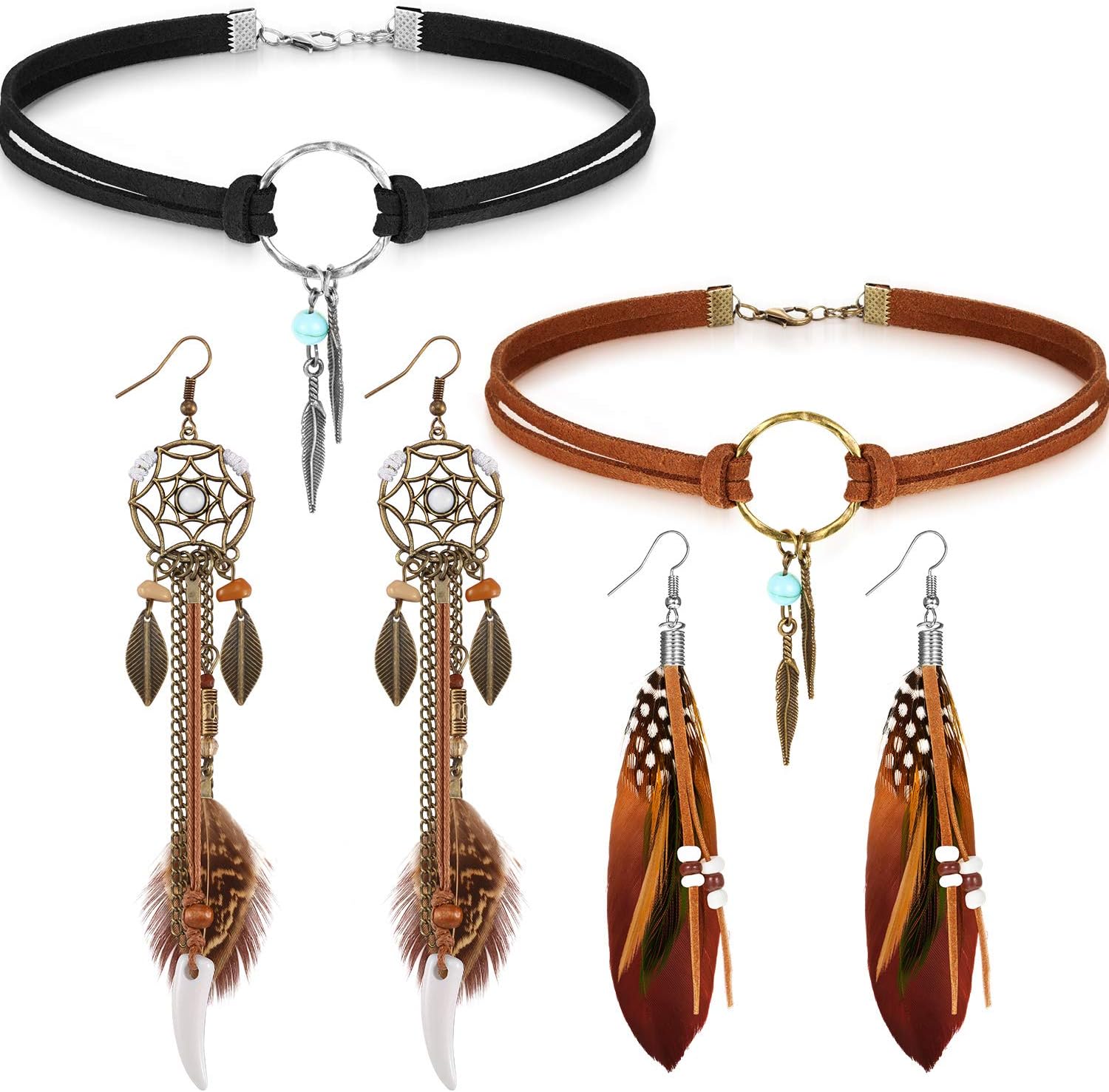 2 Sets Native American Jewelry Set for Women 2 Pieces Faux Suede Choker Necklace Faux Leather Choker and 2 Pairs Bohemian Artificial Feather Earrings Boho Dream Catcher Earring Western Jewelry - Image 1
