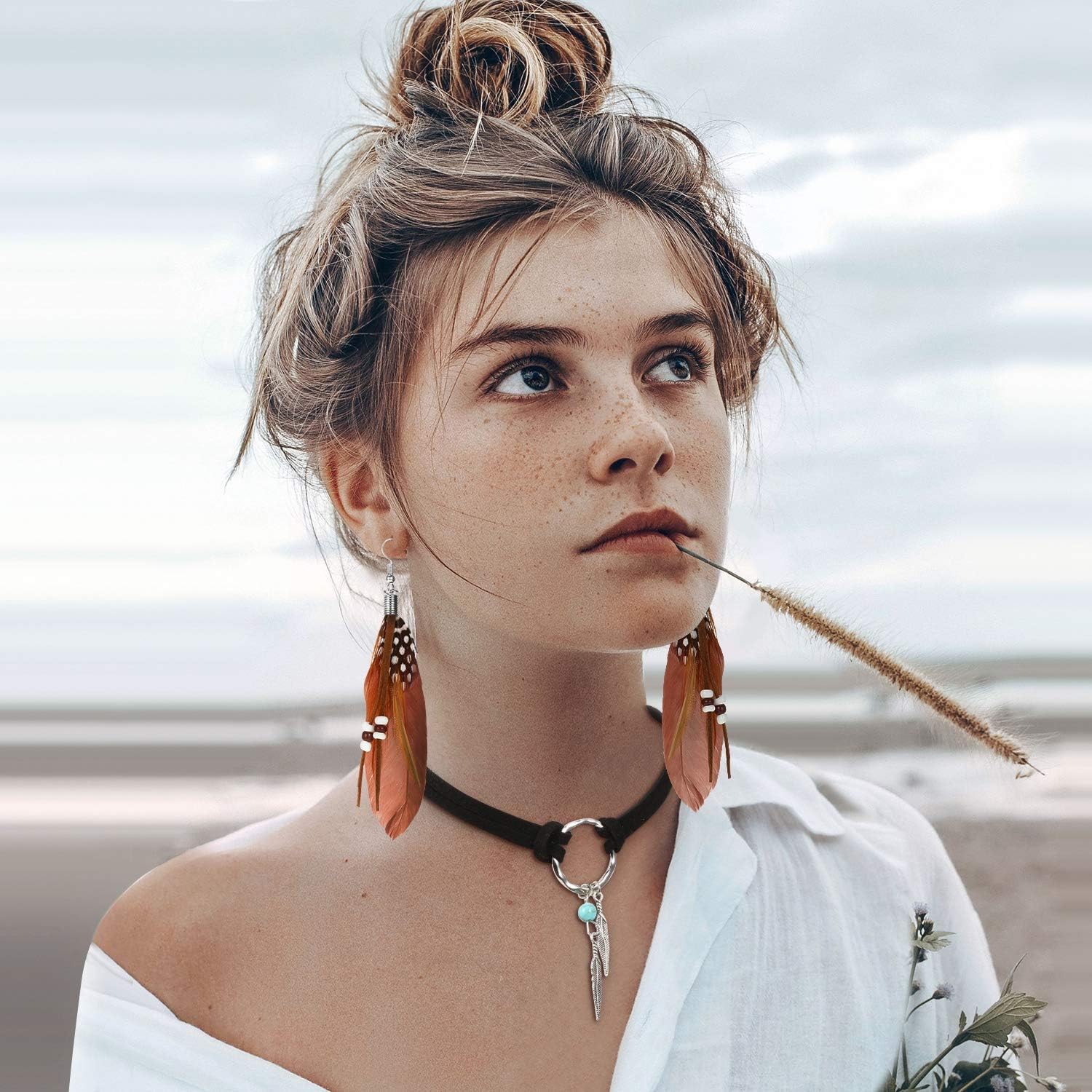 2 Sets Native American Jewelry Set for Women 2 Pieces Faux Suede Choker Necklace Faux Leather Choker and 2 Pairs Bohemian Artificial Feather Earrings Boho Dream Catcher Earring Western Jewelry - Image 3