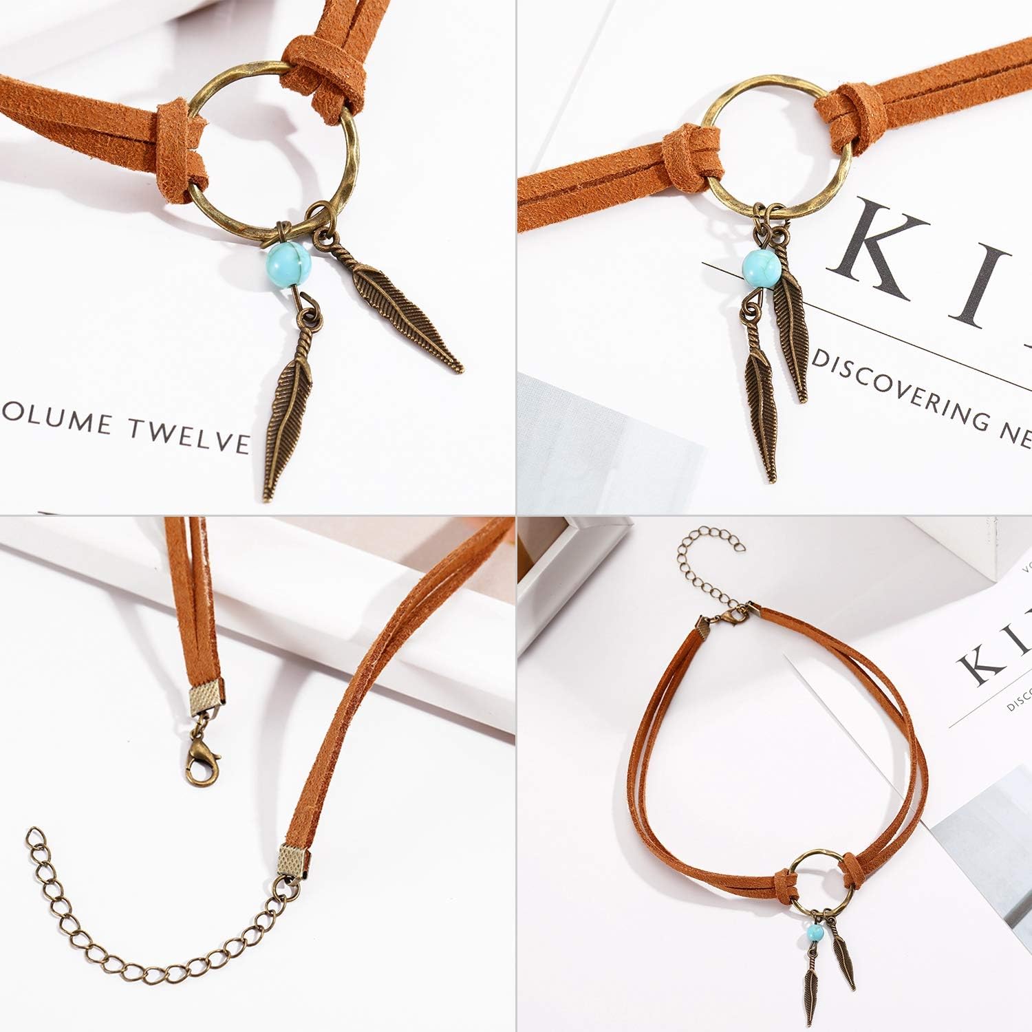 2 Sets Native American Jewelry Set for Women 2 Pieces Faux Suede Choker Necklace Faux Leather Choker and 2 Pairs Bohemian Artificial Feather Earrings Boho Dream Catcher Earring Western Jewelry - Image 4