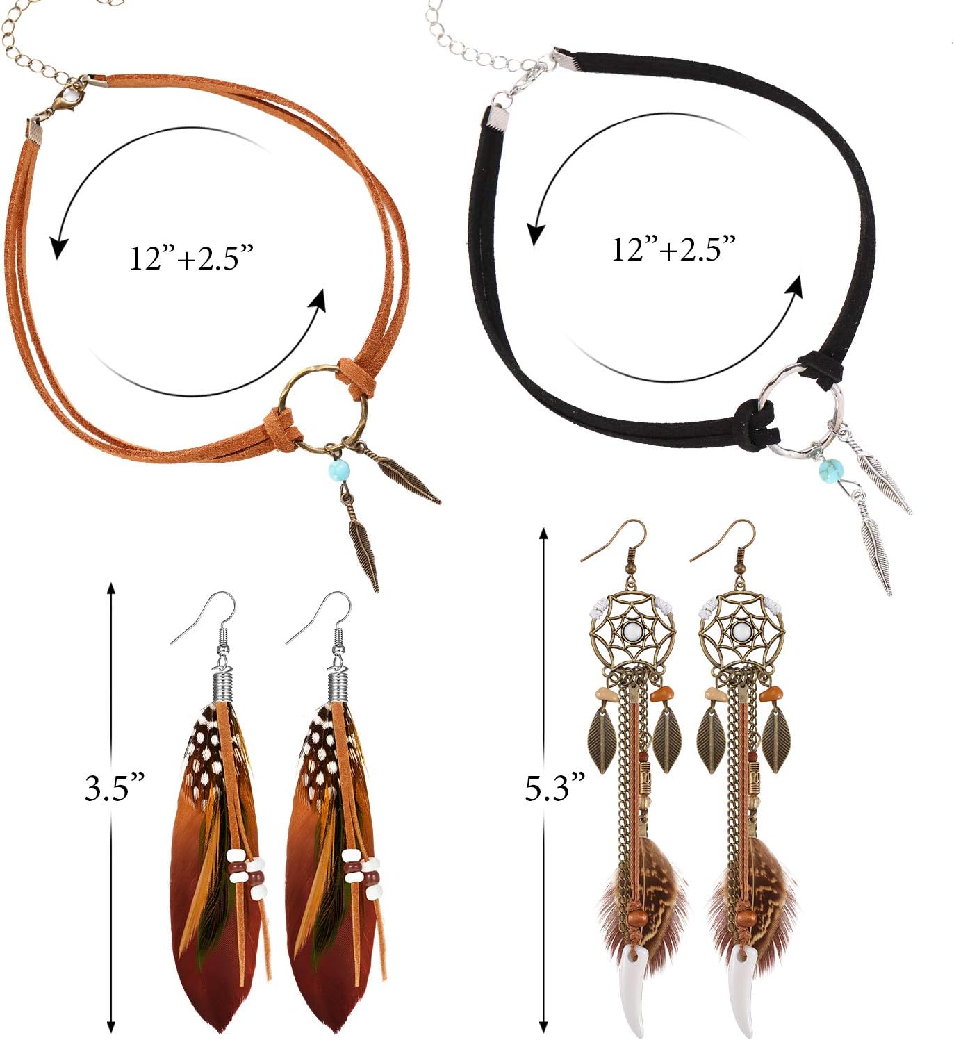 2 Sets Native American Jewelry Set for Women 2 Pieces Faux Suede Choker Necklace Faux Leather Choker and 2 Pairs Bohemian Artificial Feather Earrings Boho Dream Catcher Earring Western Jewelry - Image 7