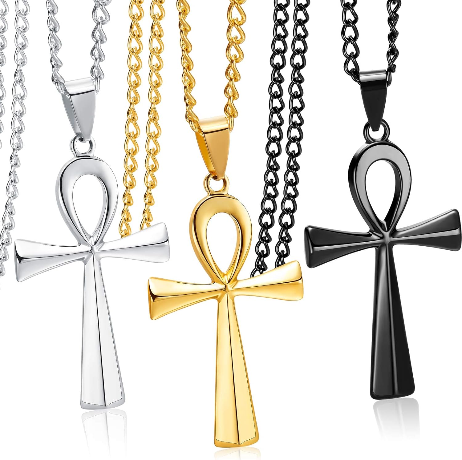 3 Pieces Men's Stainless Steel Ankh Pendant Necklace, Black, Gold, Silver - Image 1