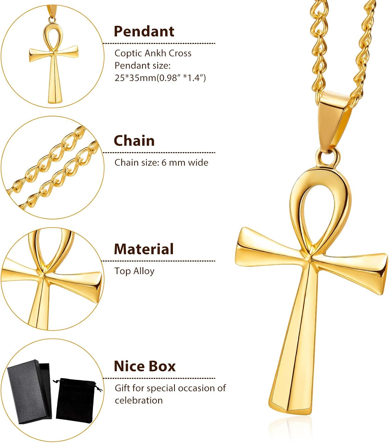 3 Pieces Men's Stainless Steel Ankh Pendant Necklace, Black, Gold, Silver - Image 2