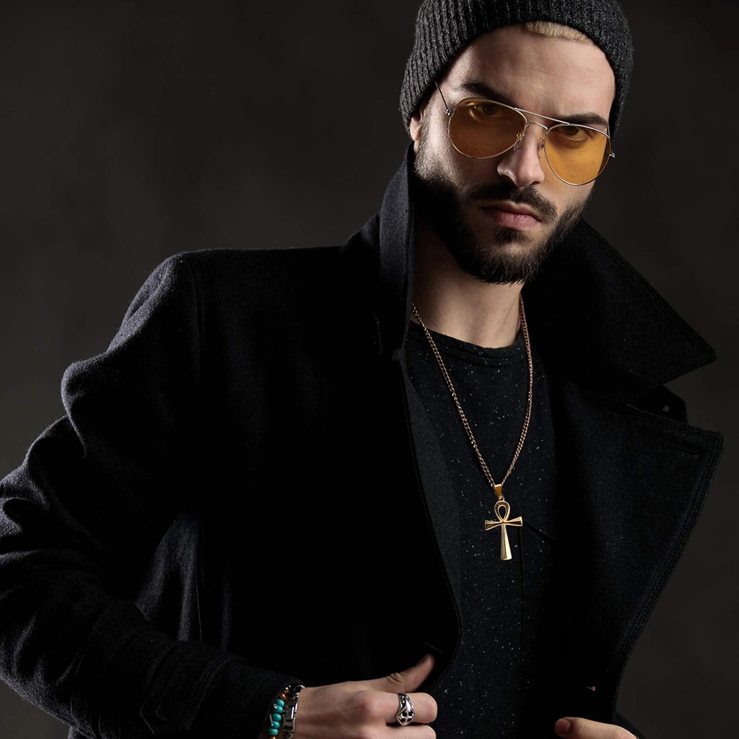 3 Pieces Men's Stainless Steel Ankh Pendant Necklace, Black, Gold, Silver - Image 4