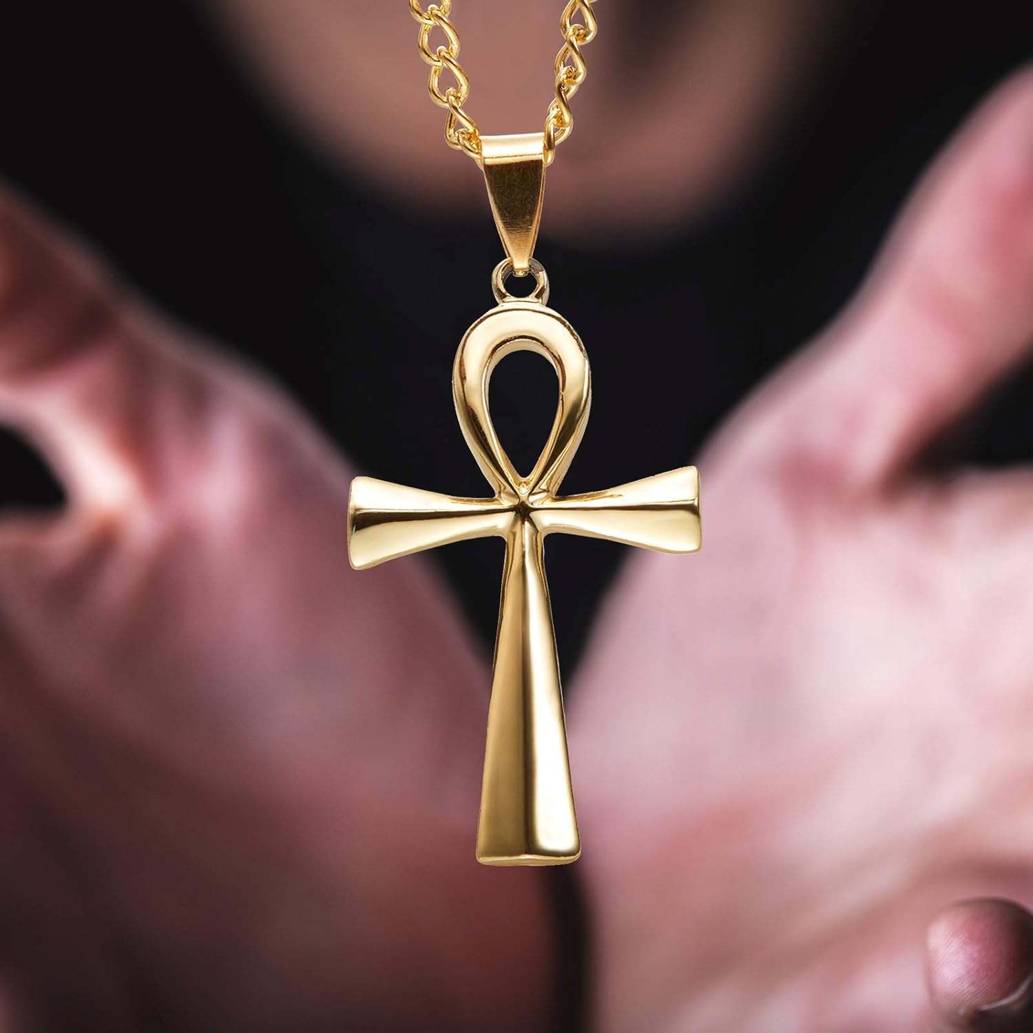3 Pieces Men's Stainless Steel Ankh Pendant Necklace, Black, Gold, Silver - Image 5