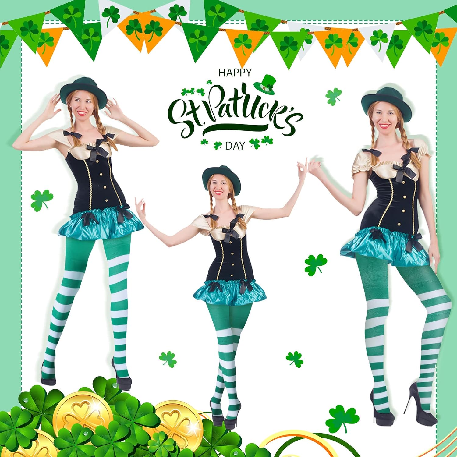 2 Pairs Women's St Patricks Striped Tights Leggings Length Stocking for St Patricks Party Dress up Accessories - Image 3