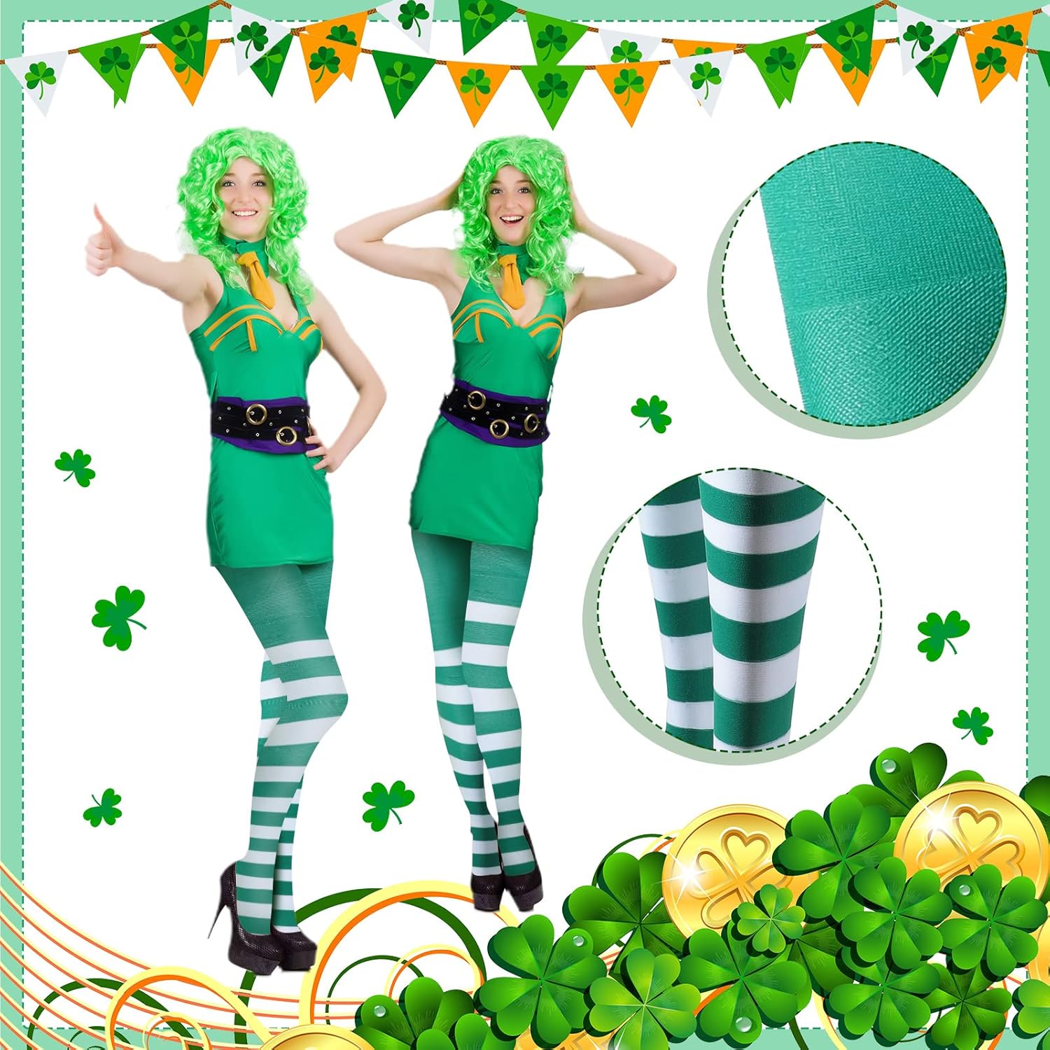 2 Pairs Women's St Patricks Striped Tights Leggings Length Stocking for St Patricks Party Dress up Accessories - Image 4