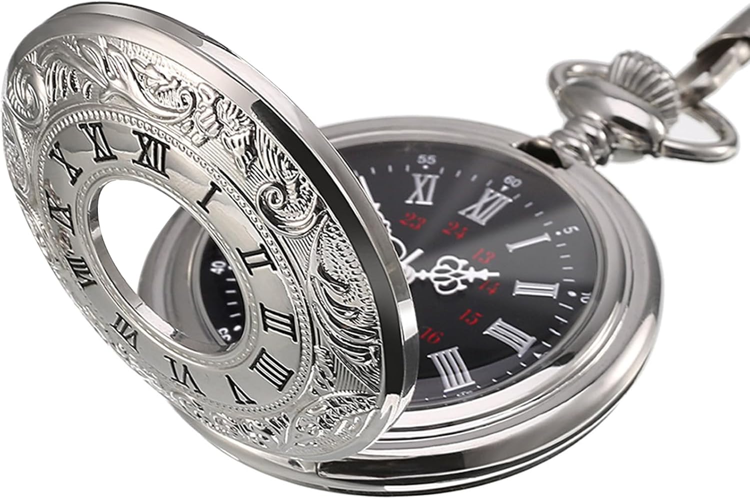 Vintage Pocket Watch Steel Men Watch with Chain (Silver) - Image 1