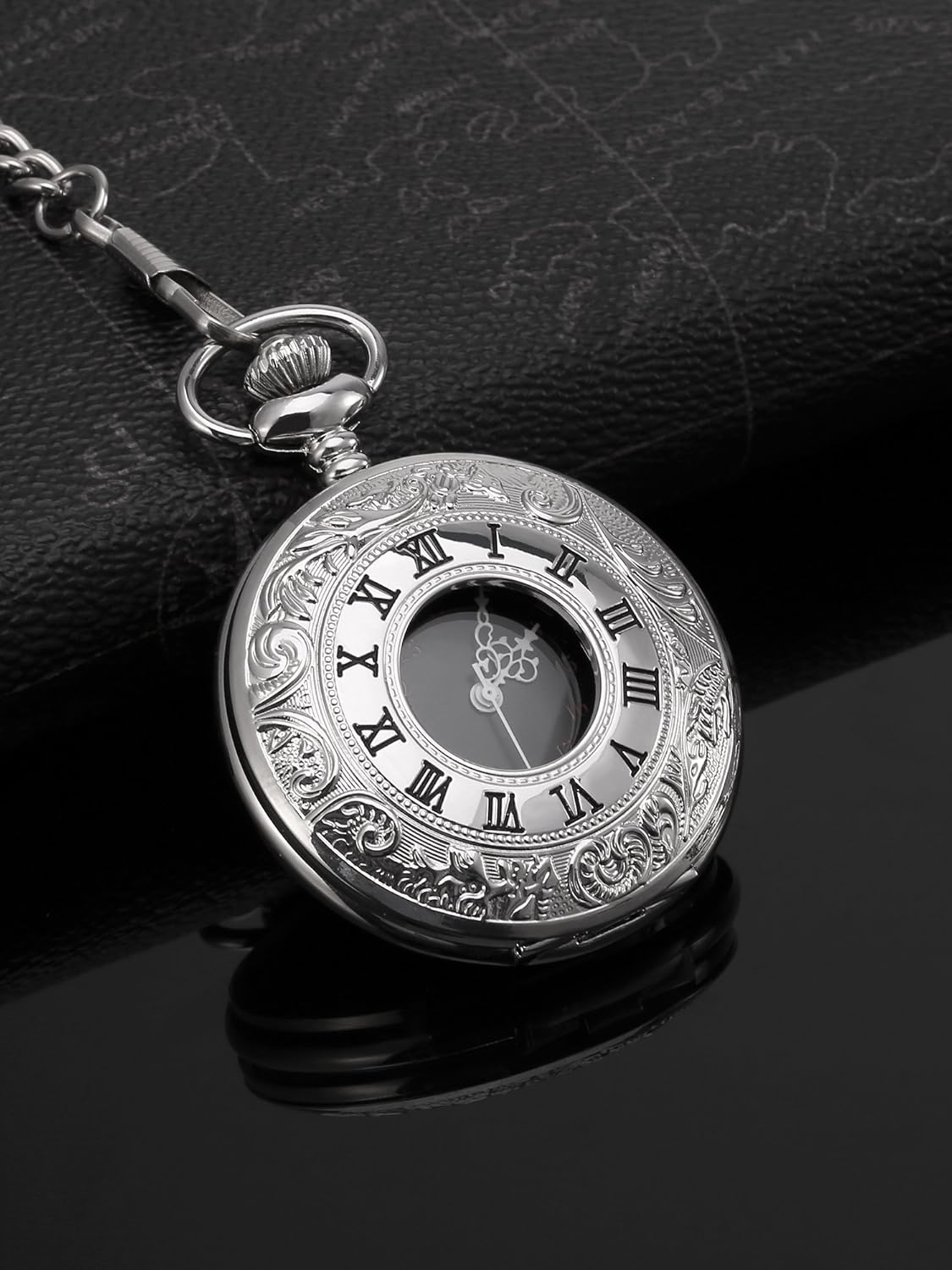 Vintage Pocket Watch Steel Men Watch with Chain (Silver) - Image 2