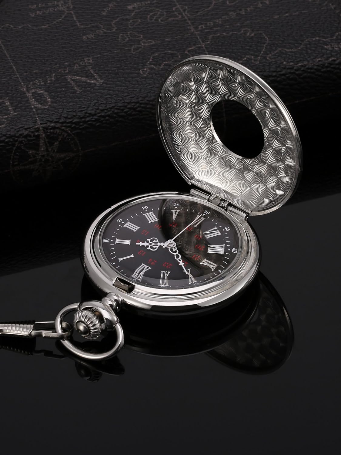 Vintage Pocket Watch Steel Men Watch with Chain (Silver) - Image 4