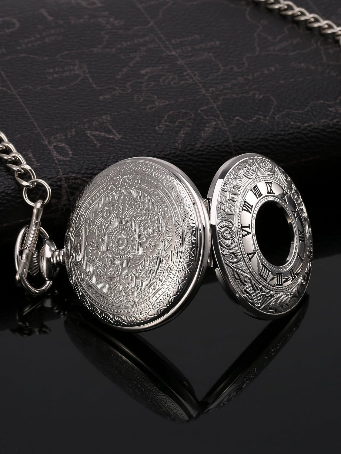 Vintage Pocket Watch Steel Men Watch with Chain (Silver) - Image 6