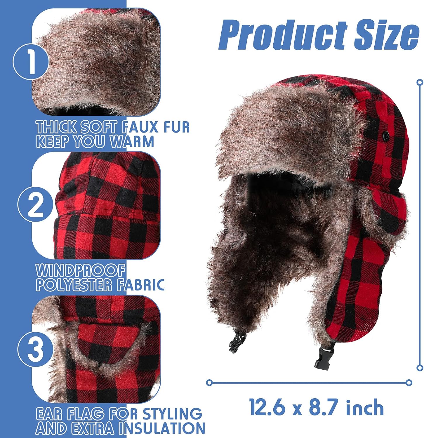 2 Pcs Buffalo Plaid Trapper Hats for Men Lumberjack Hat Ear Flap, Winter Xmas Warm Ushanka Cap Unisexs (Conventional Color) - Image 3