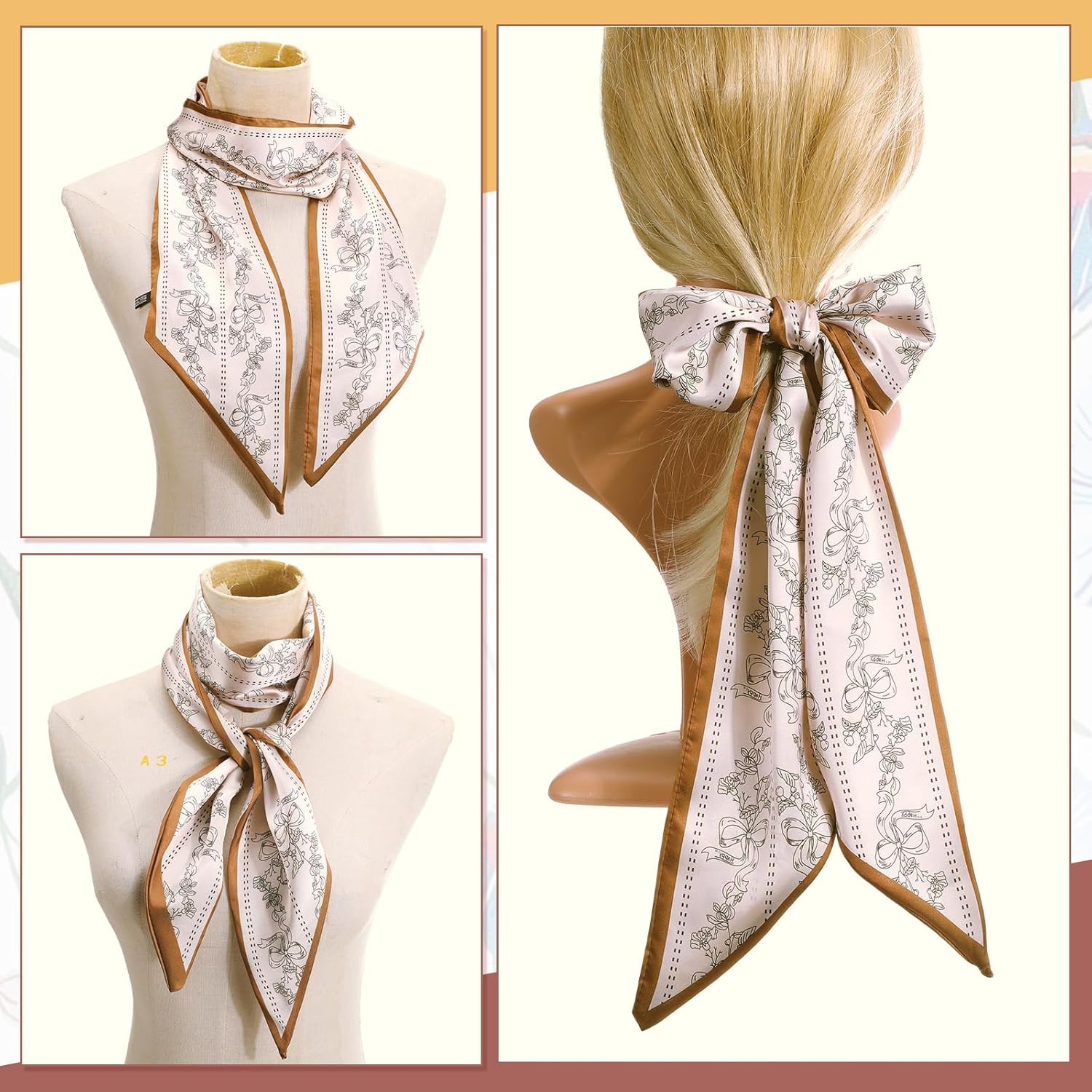 2 Pcs 59 Inch Silk Head Scarf Hair Neck Scarves Women's Fashion Square Neck Satin Scarfs for Women Purse Bag Scarfs for Handbags Silky Long Satin Headscarf - Image 5