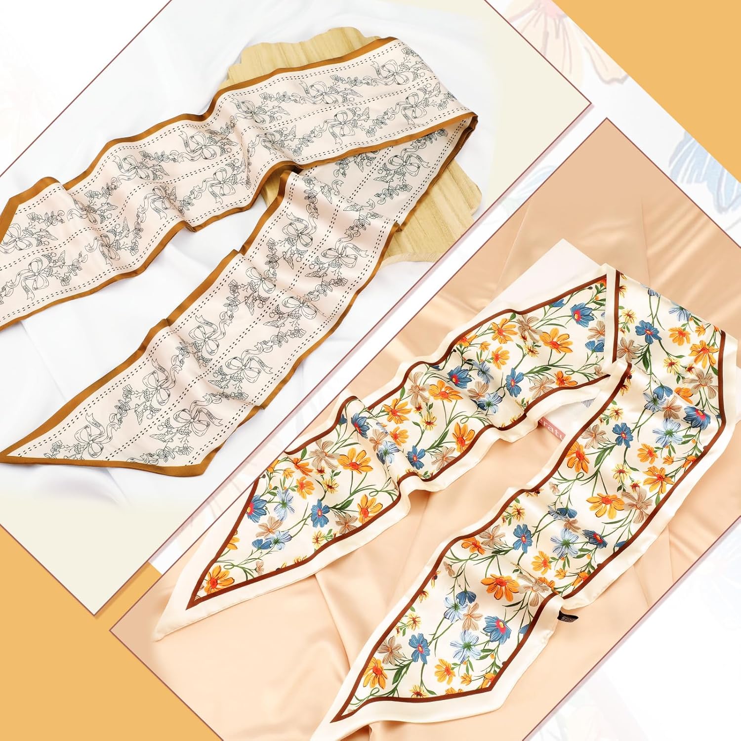 2 Pcs 59 Inch Silk Head Scarf Hair Neck Scarves Women's Fashion Square Neck Satin Scarfs for Women Purse Bag Scarfs for Handbags Silky Long Satin Headscarf - Image 6