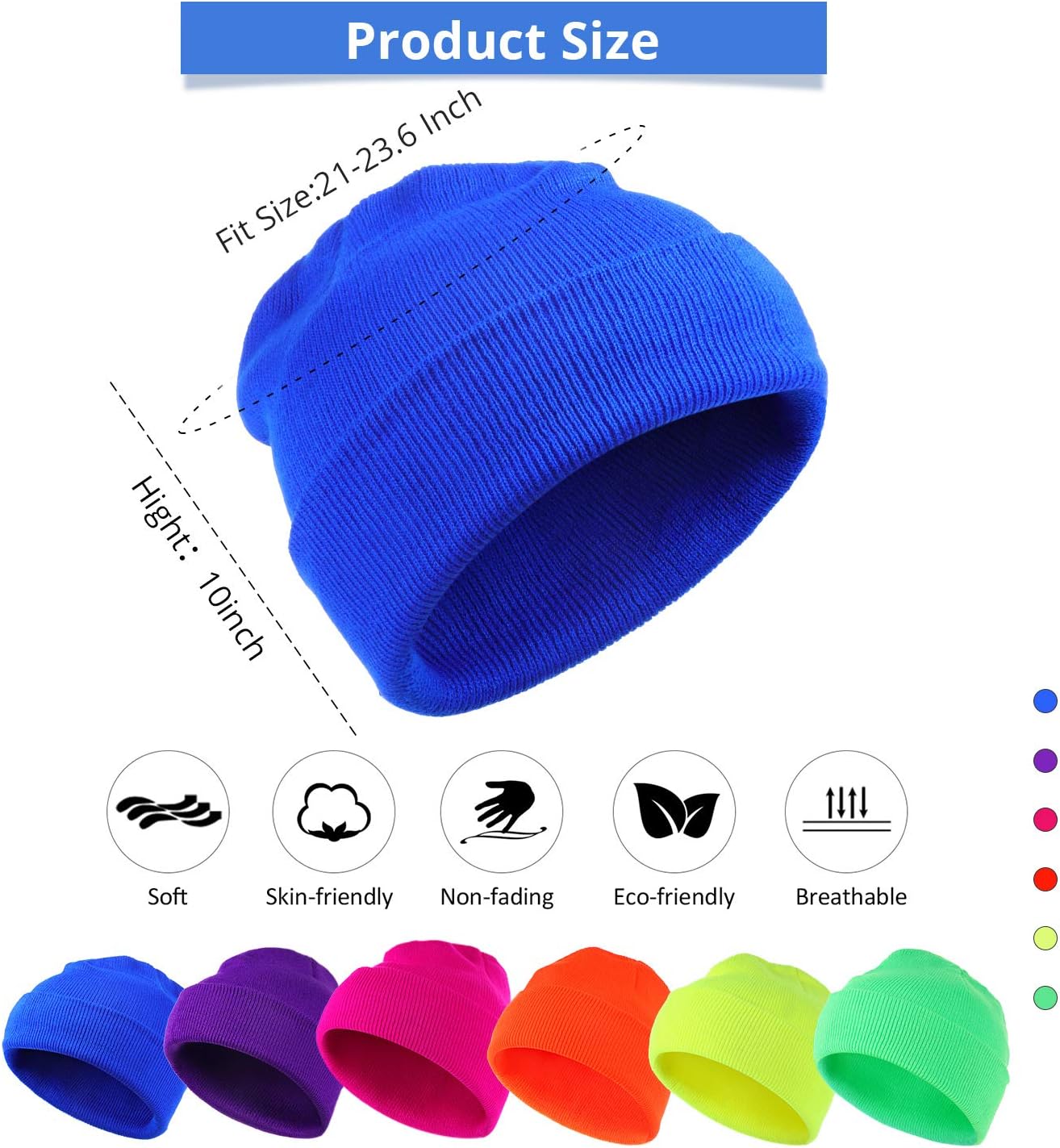 6 Pieces Neon Beanie Hat Acrylic Watch Winter Hat Plain Knit Long Skullcap Fisherman Beanie Unisex, Medium - Image 2