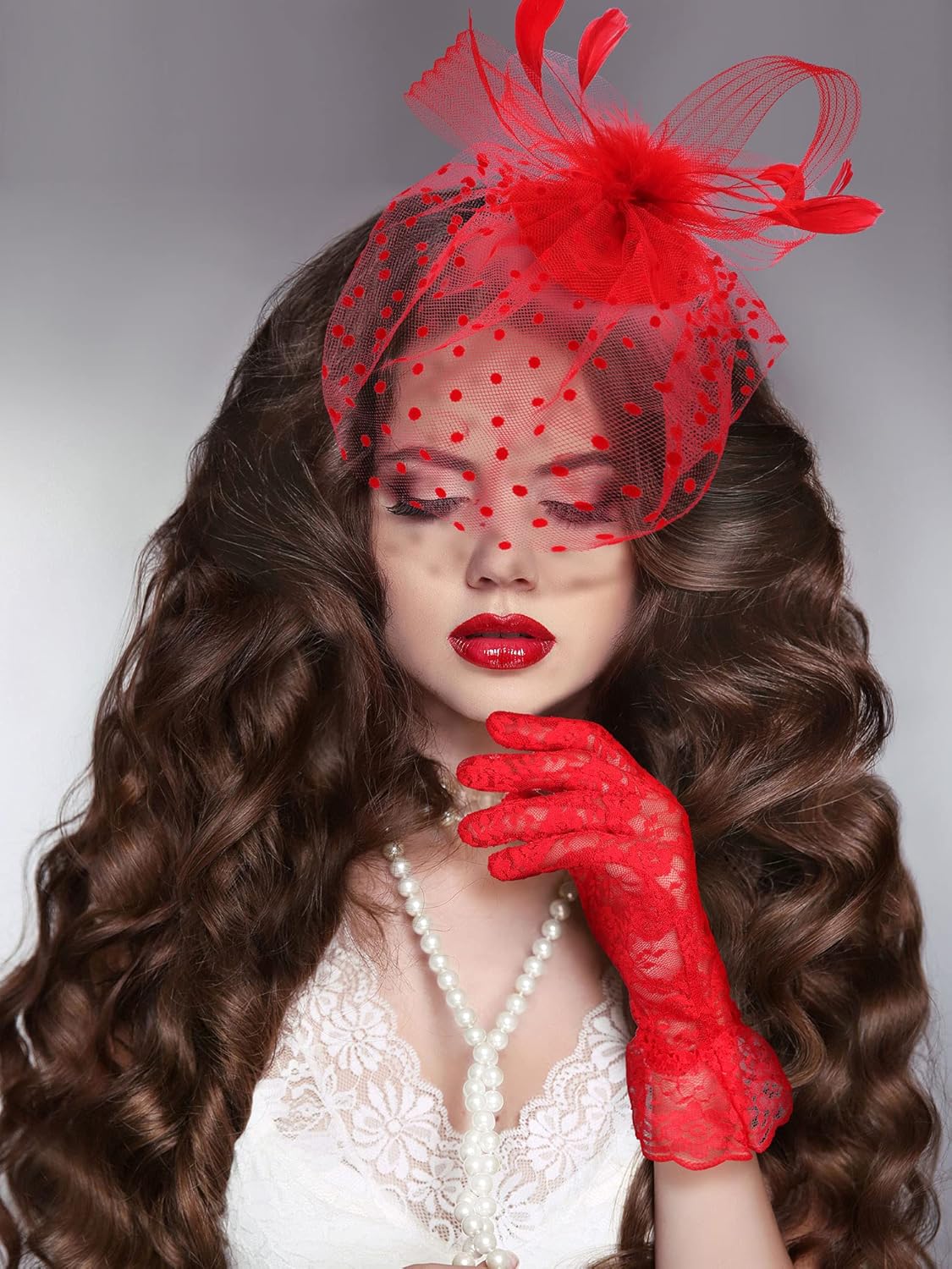 50s Fascinators for Women Funeral Veil Tea Party Hat and Gloves Pillbox Cocktail Hat - Image 4