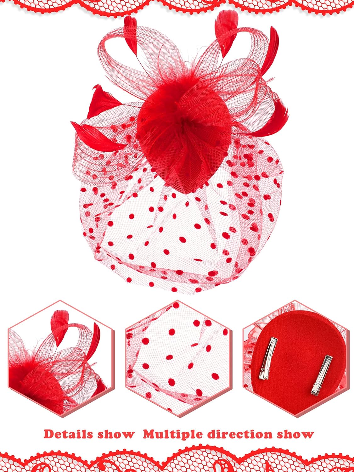 50s Fascinators for Women Funeral Veil Tea Party Hat and Gloves Pillbox Cocktail Hat - Image 5